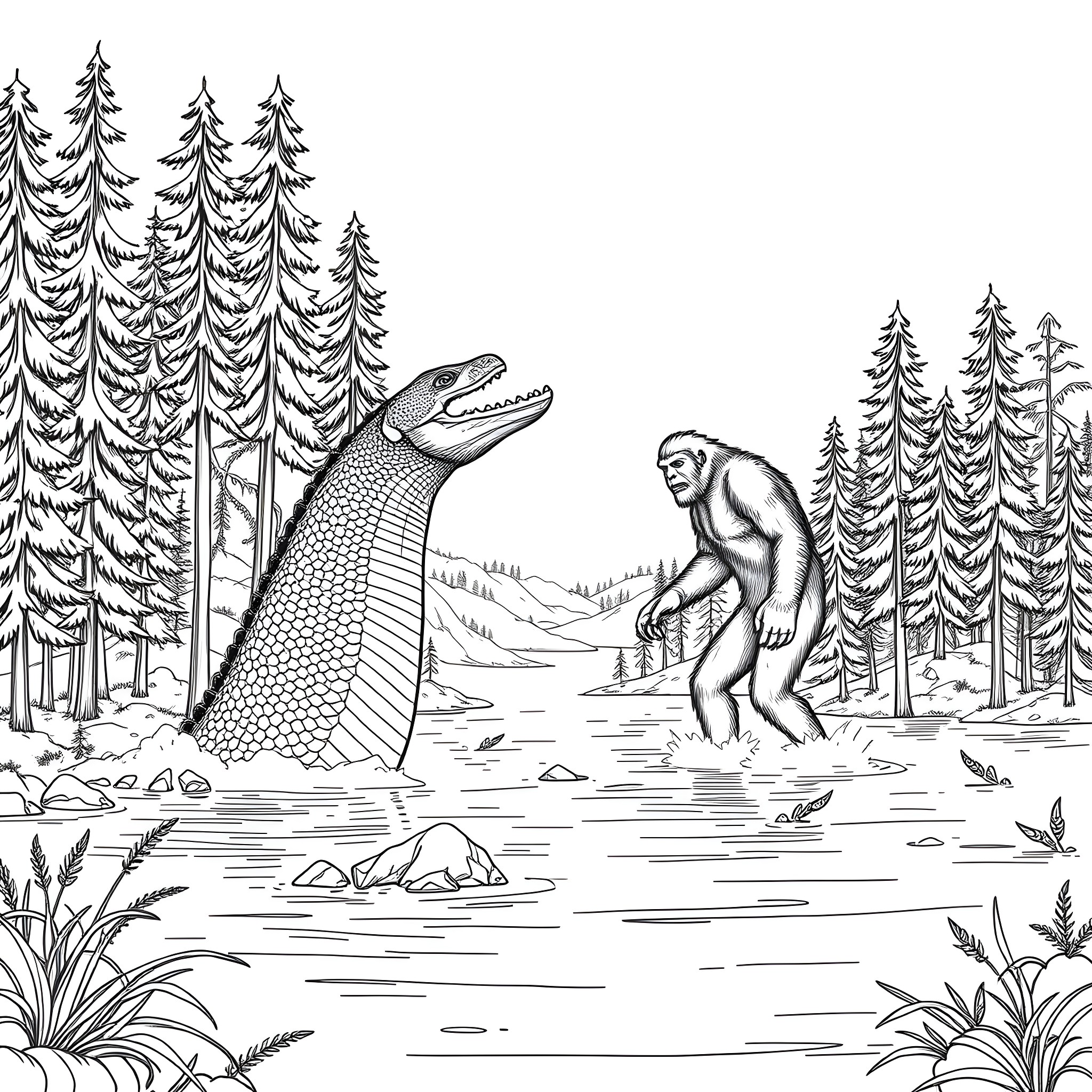 Loch Ness Monster and Bigfoot encounter in the forest Coloring Page (free black-and-white line drawing printable PDF for all, from beginners to advanced learners, including children, teens, adults, and seniors)
