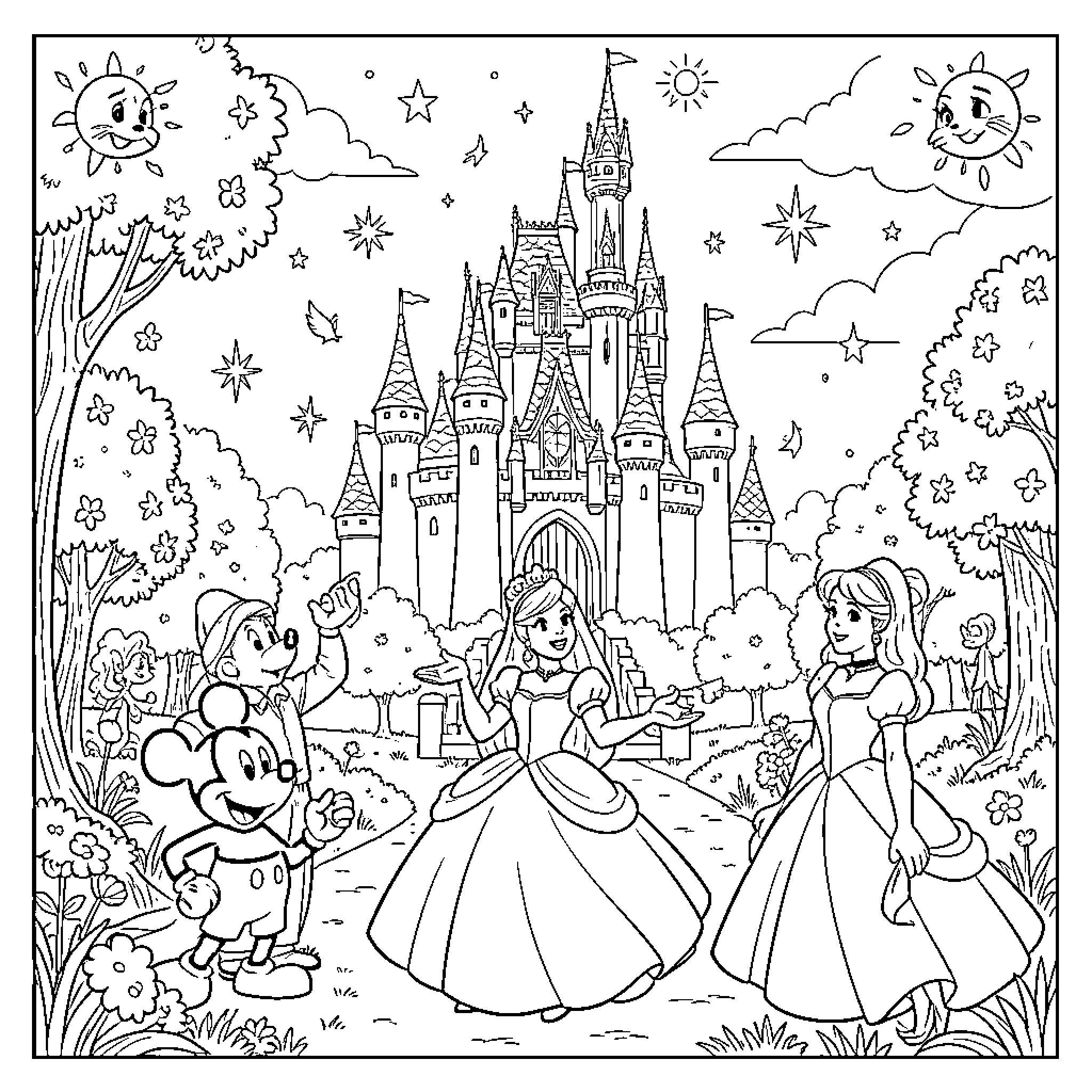 Disney princesses and Mickey Mouse celebrating in front of a castle Coloring Page (free black-and-white line drawing printable PDF for all, from beginners to advanced learners, including children, teens, adults, and seniors)
