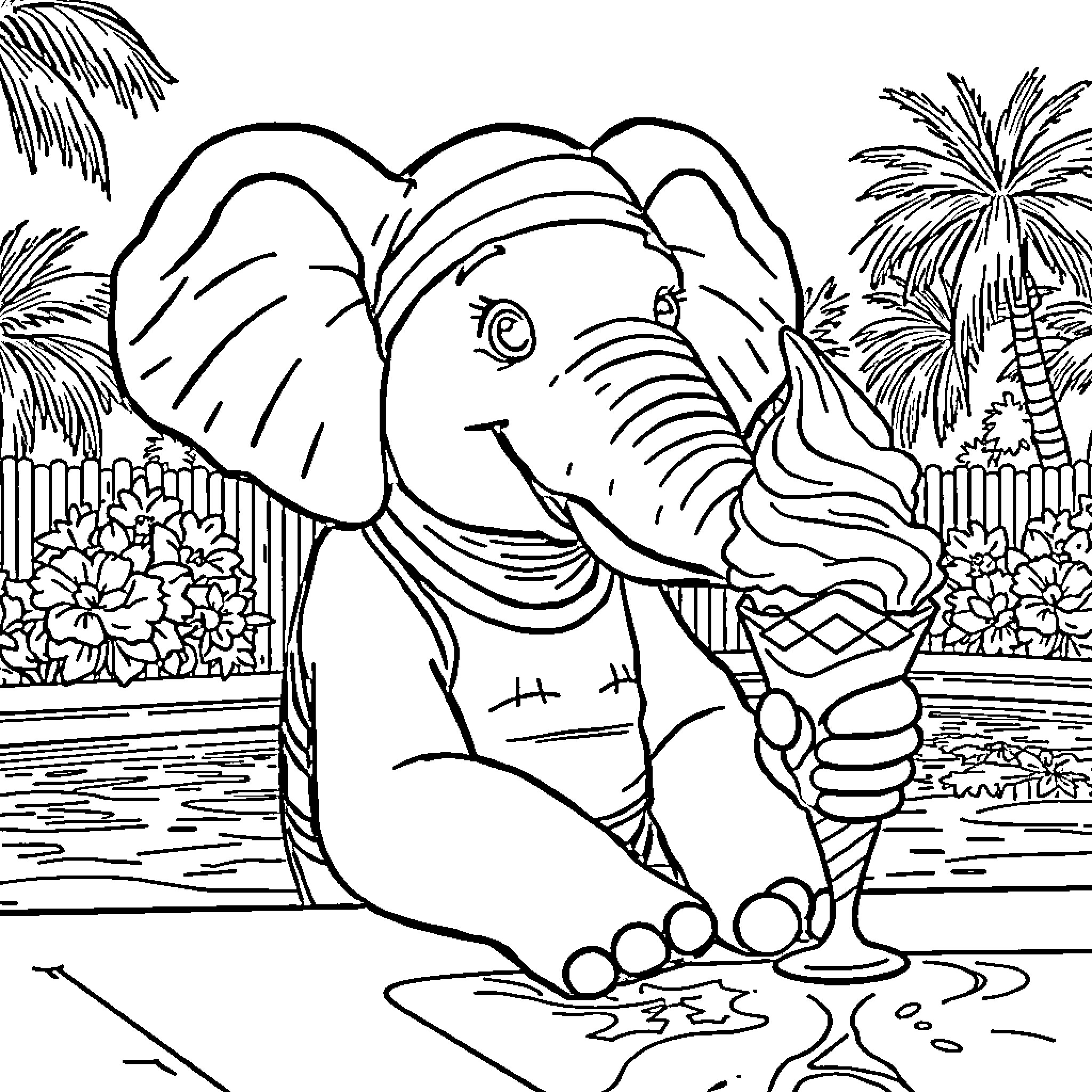 Elephant enjoying a refreshing bath in the tropical paradise Coloring Page (free black-and-white line drawing printable PDF for all, from beginners to advanced learners, including children, teens, adults, and seniors)