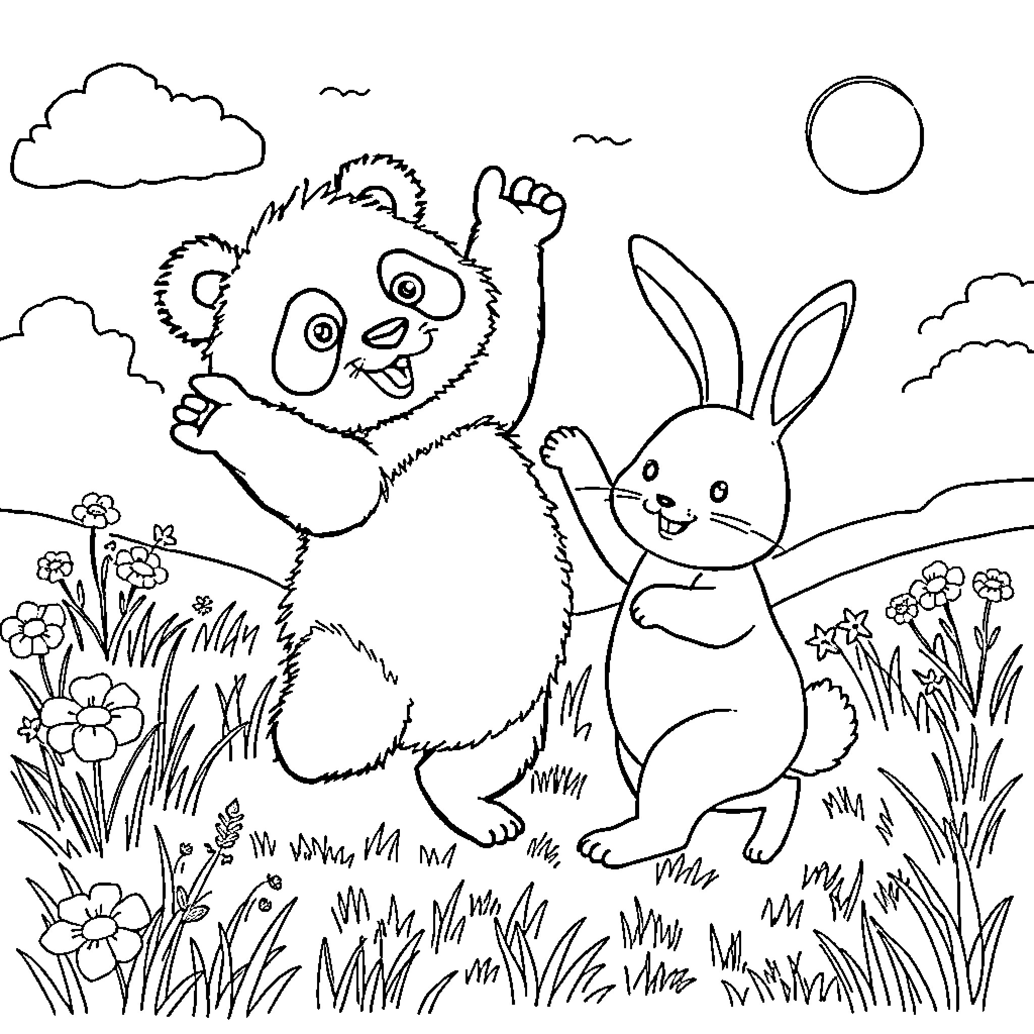 Panda and Bunny playing in the Flowery Meadow Coloring Page (free black-and-white line drawing printable PDF for all, from beginners to advanced learners, including children, teens, adults, and seniors)