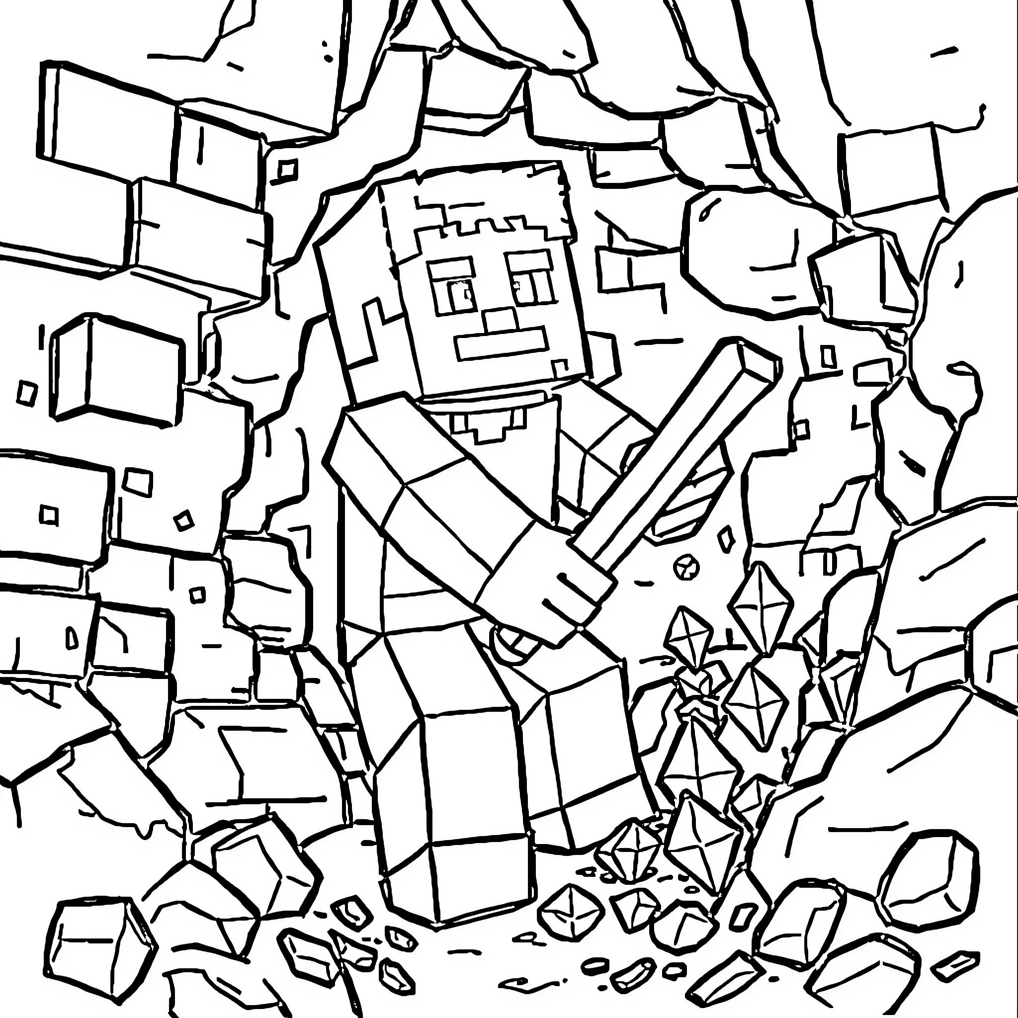 Steve breaking through the blocks in the ruins Coloring Page (free black-and-white line drawing printable PDF for all, from beginners to advanced learners, including children, teens, adults, and seniors)