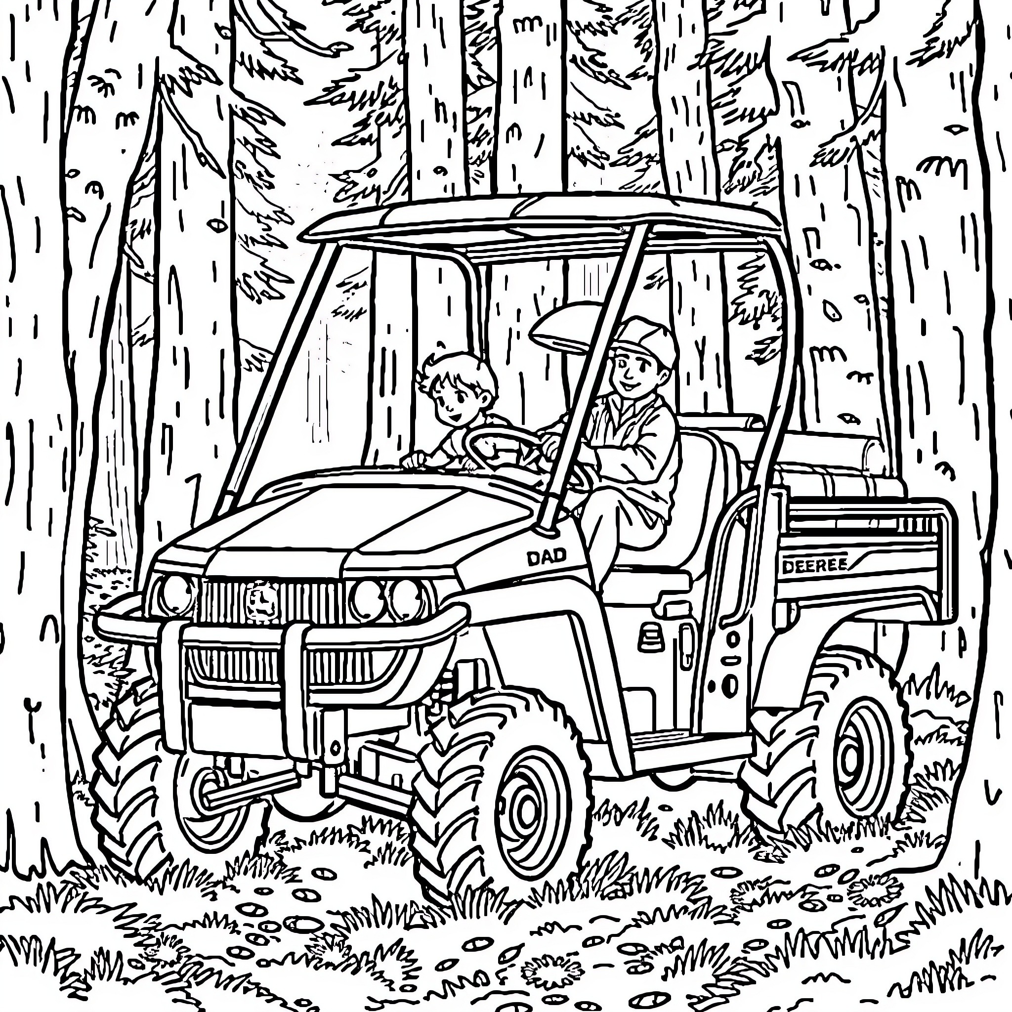 John Deere tractor navigating through forested terrain Coloring Page (free black-and-white line drawing printable PDF for all, from beginners to advanced learners, including children, teens, adults, and seniors)