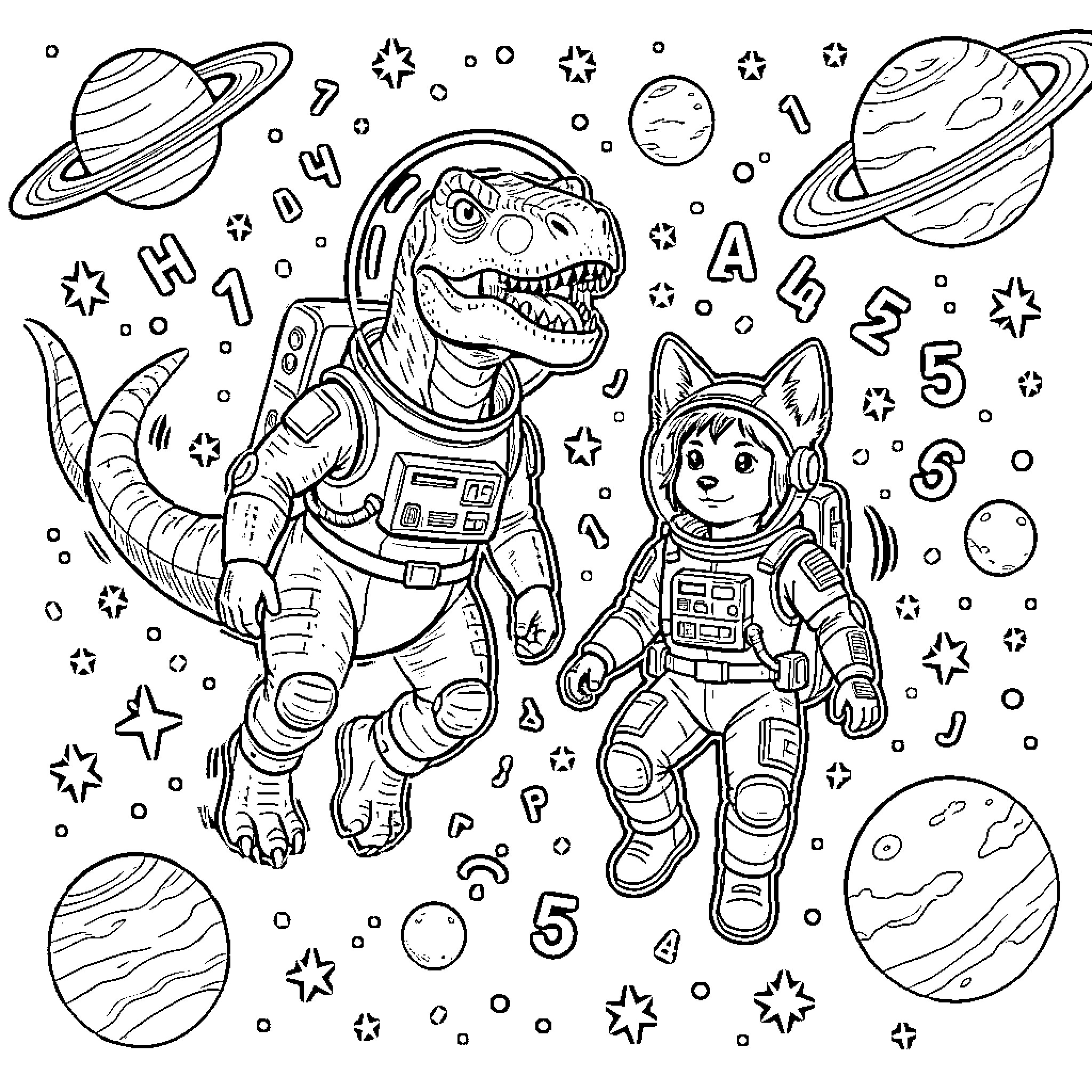 Carnotaurus in Space Adventure with Astronaut Coloring Page (free black-and-white line drawing printable PDF for all, from beginners to advanced learners, including children, teens, adults, and seniors)