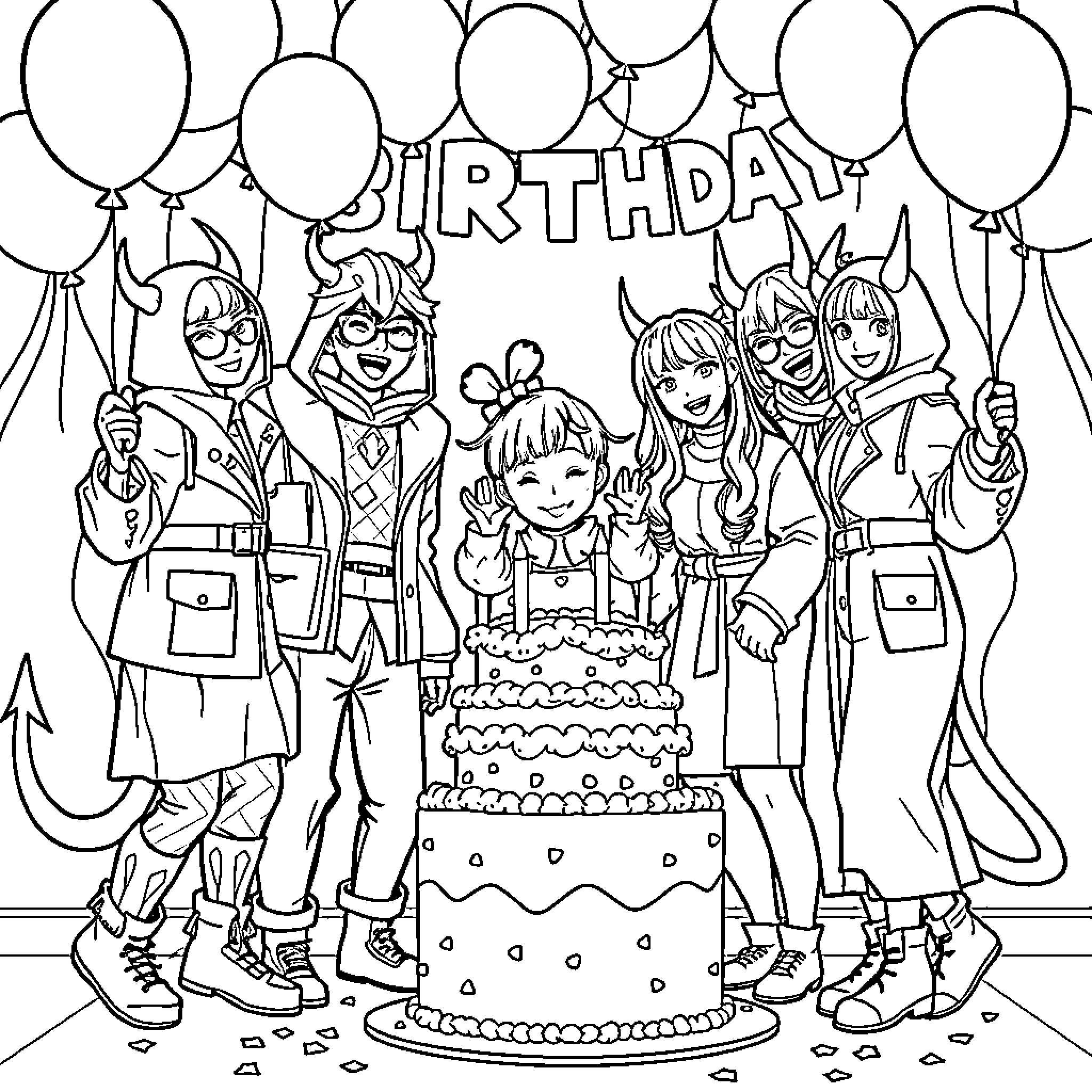 Kpop Demon Hunter Birthday Celebration Coloring Page (free black-and-white line drawing printable PDF for all, from beginners to advanced learners, including children, teens, adults, and seniors)