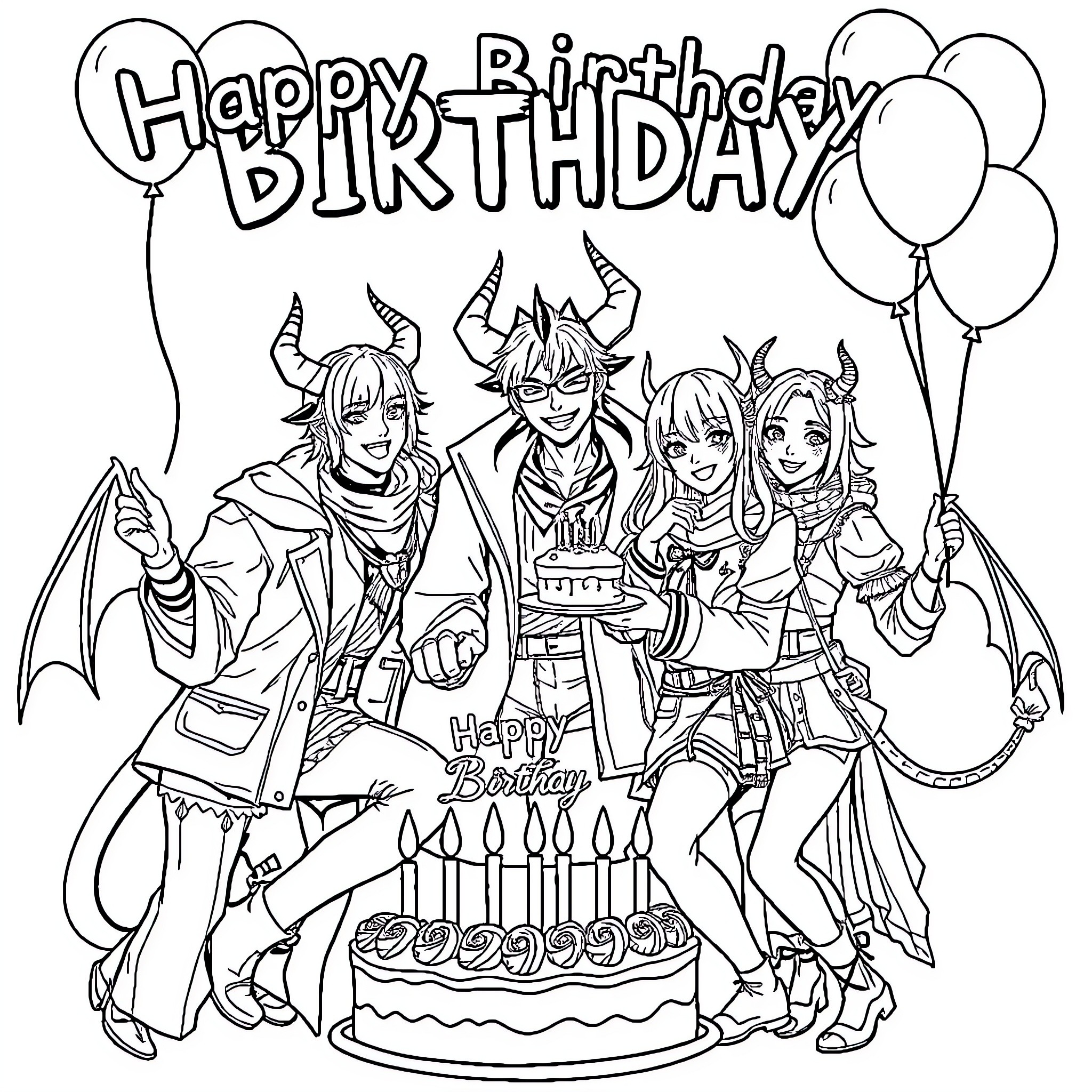 Kpop Demon Hunter Friends Celebrate Birthday Party Coloring Page (free black-and-white line drawing printable PDF for all, from beginners to advanced learners, including children, teens, adults, and seniors)