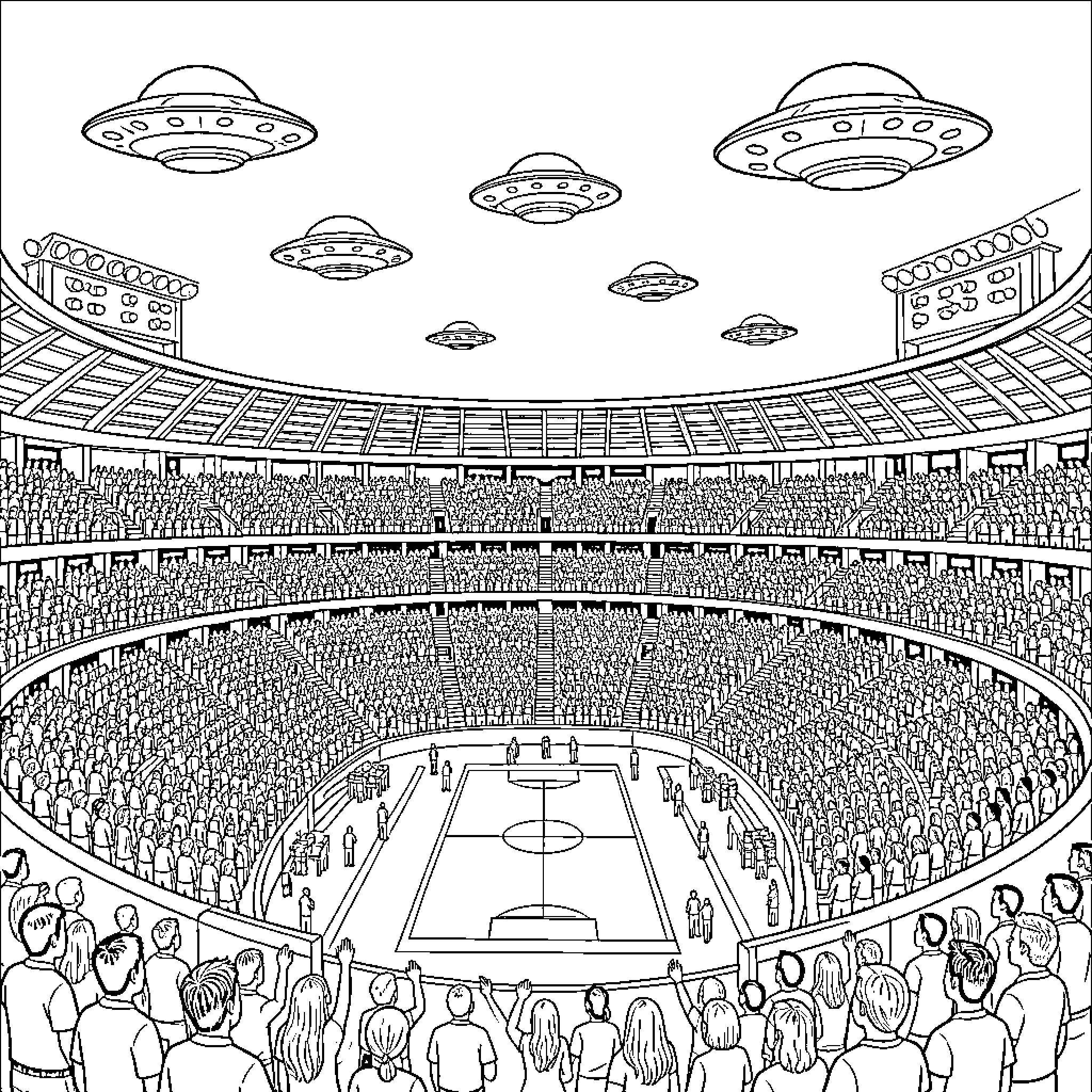 Estadio filled with crowds watching flying saucers above Coloring Page (free black-and-white line drawing printable PDF for all, from beginners to advanced learners, including children, teens, adults, and seniors)
