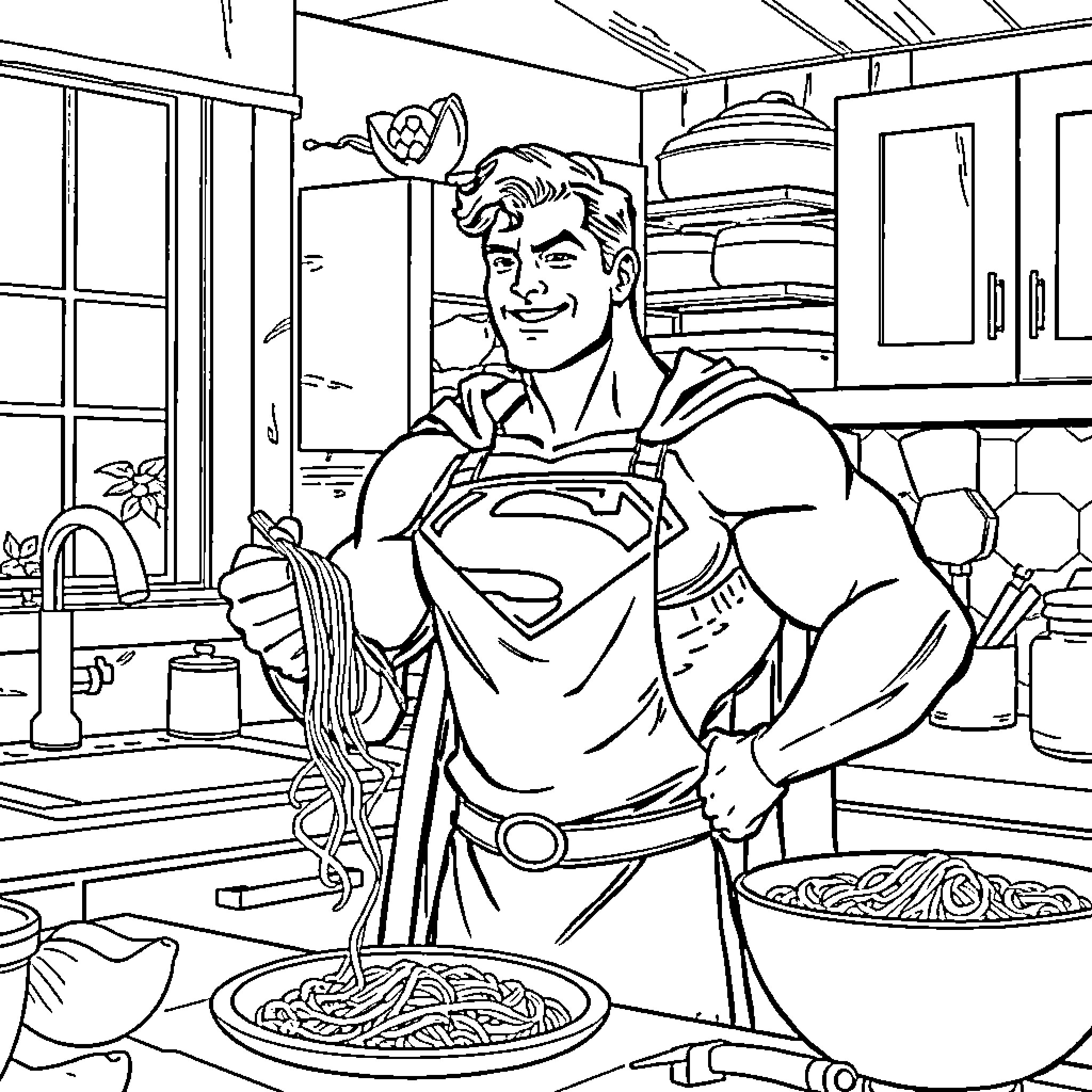 Superman preparing a hearty meal in the kitchen Coloring Page (free black-and-white line drawing printable PDF for all, from beginners to advanced learners, including children, teens, adults, and seniors)