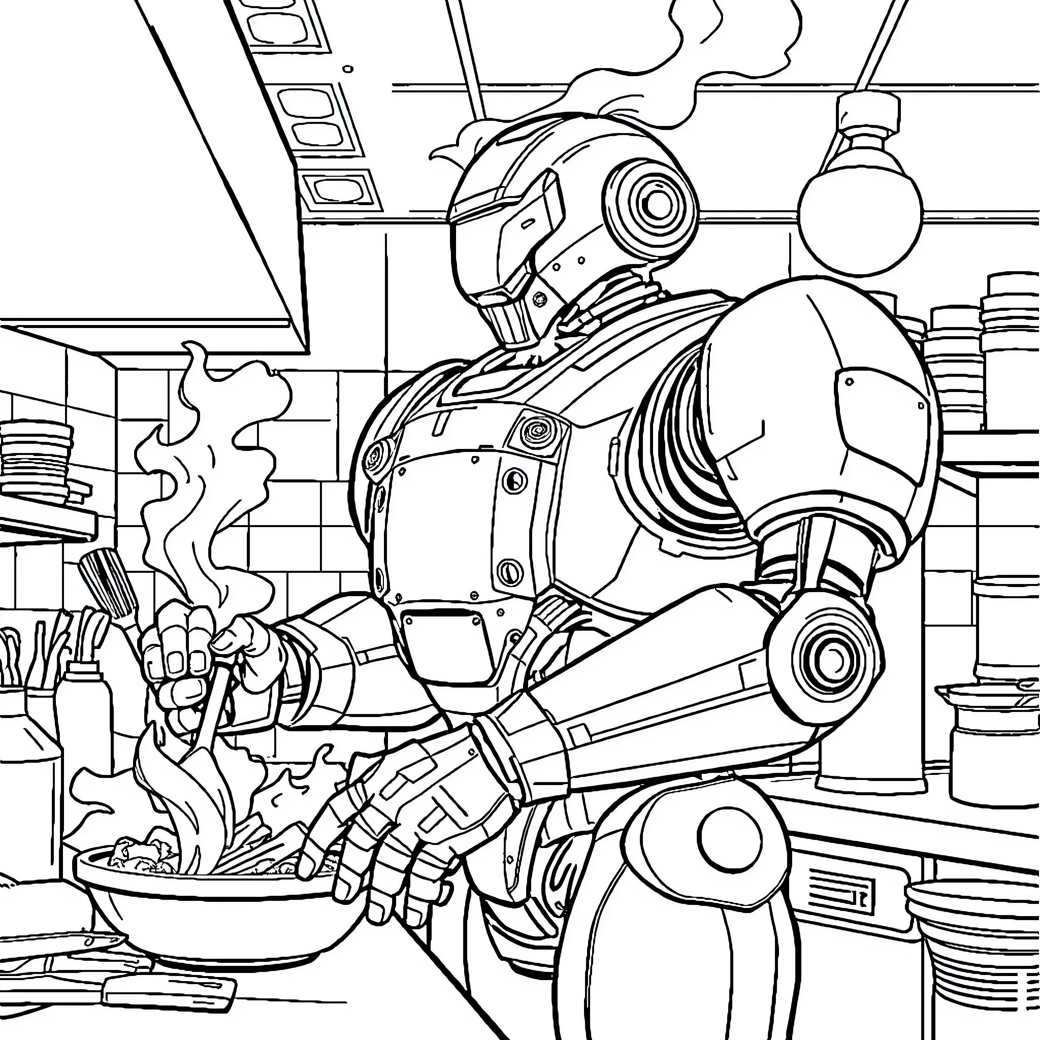 Robot Chef Cooking in a Busy Kitchen Coloring Page (free black-and-white line drawing printable PDF for all, from beginners to advanced learners, including children, teens, adults, and seniors)