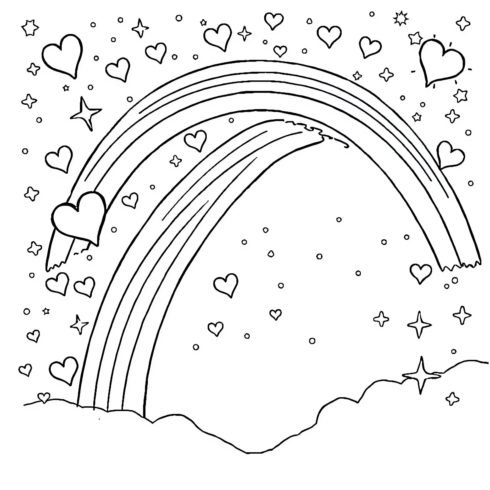 Rainbow Hearts and Stars in the Sky Coloring Page (free black-and-white line drawing printable PDF for all, from beginners to advanced learners, including children, teens, adults, and seniors)
