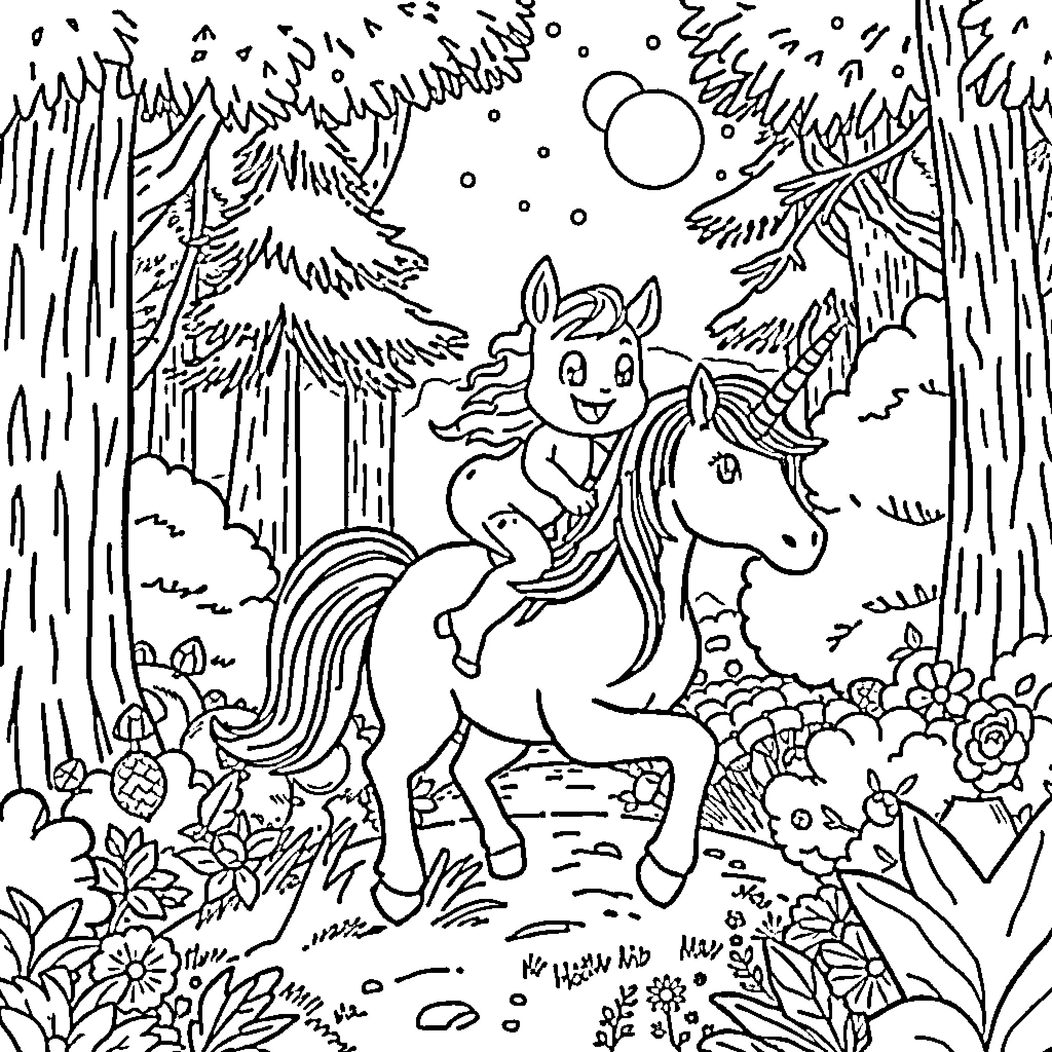 Bluey's Magical Forest Adventure Coloring Page (free black-and-white line drawing printable PDF for all, from beginners to advanced learners, including children, teens, adults, and seniors)
