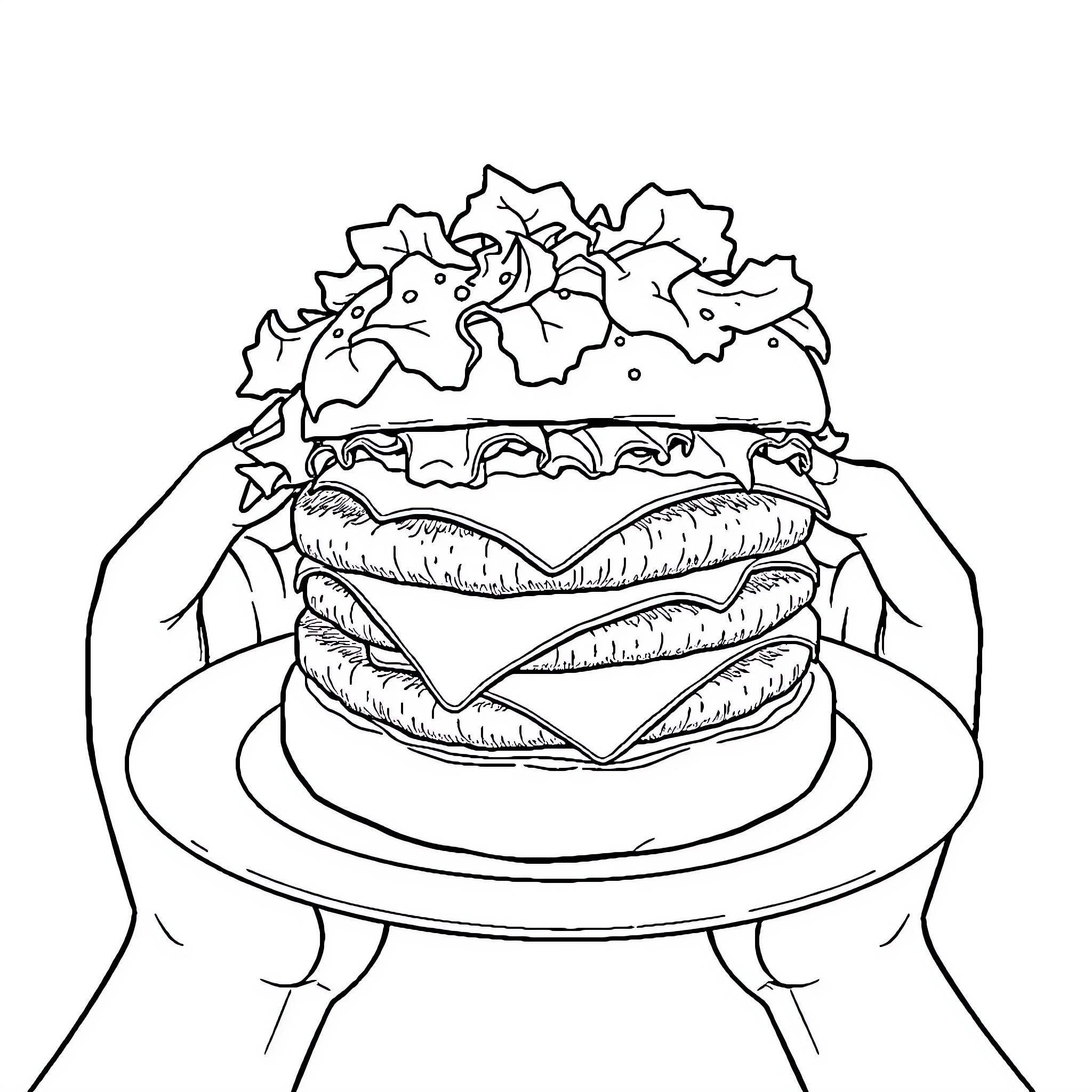 Burger with Layered Toppings Coloring Page (free black-and-white line drawing printable PDF for all, from beginners to advanced learners, including children, teens, adults, and seniors)