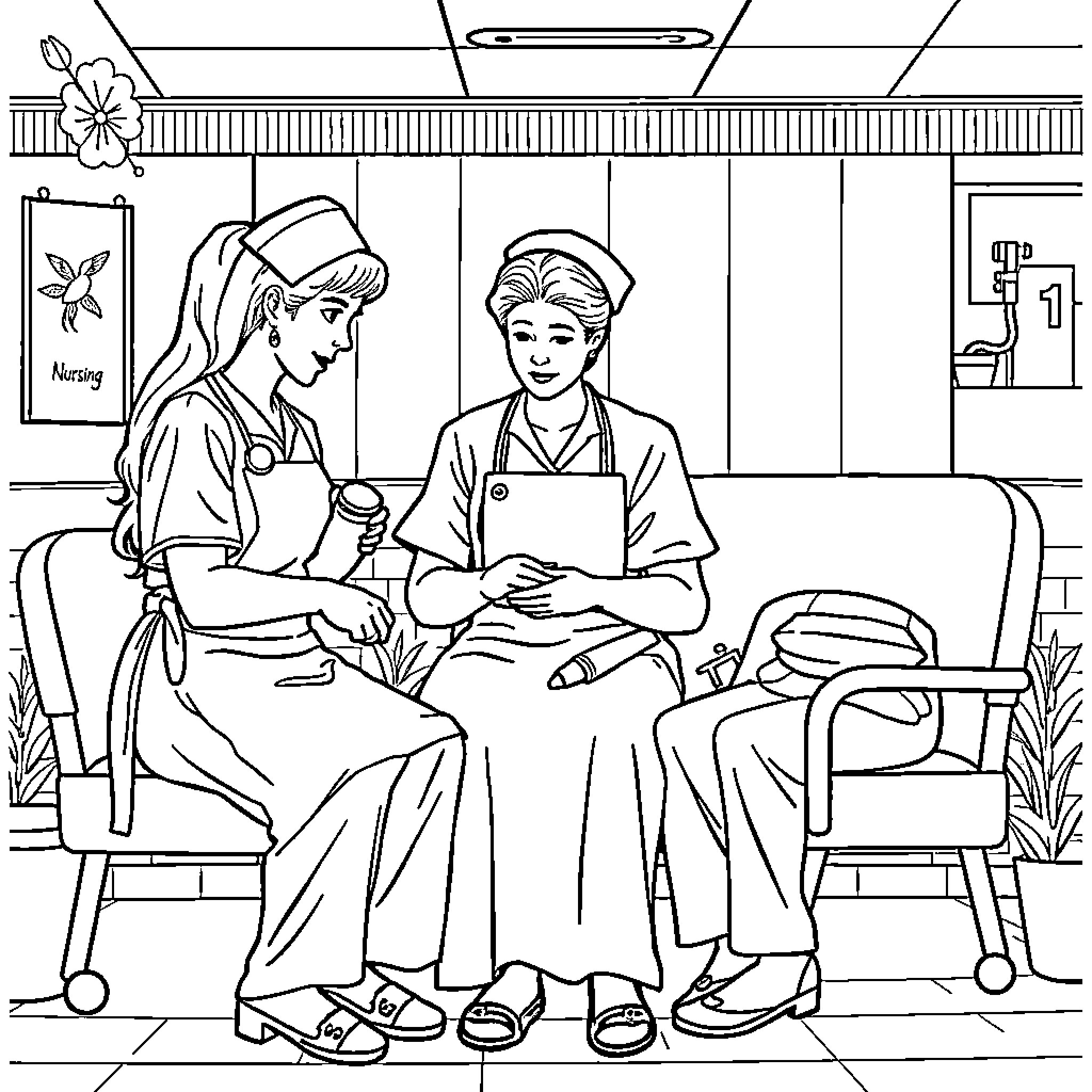 Nurse Assisting Patient in Medical Examination Coloring Page (free black-and-white line drawing printable PDF for all, from beginners to advanced learners, including children, teens, adults, and seniors)