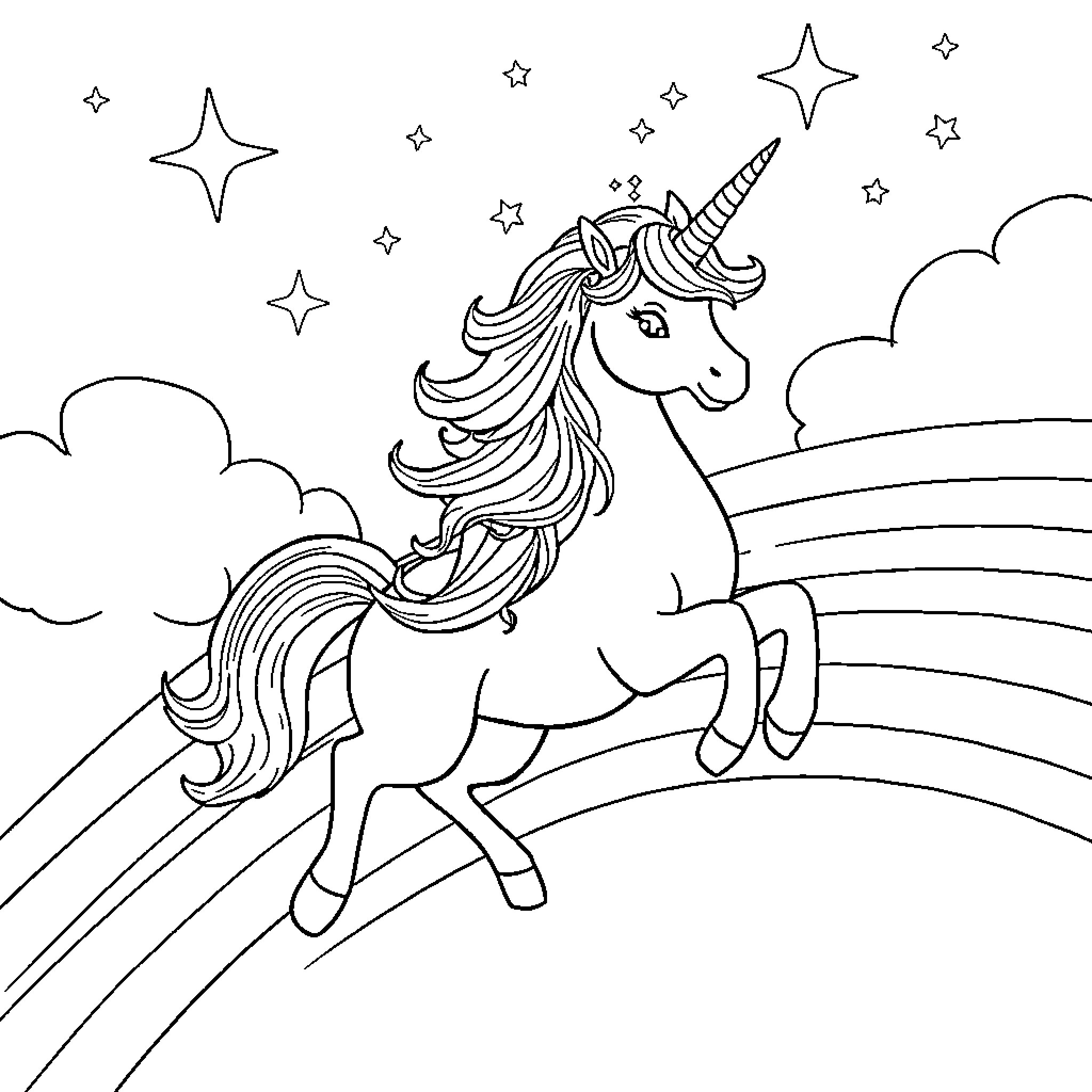 Unicorn galloping amidst sparkling stars and clouds Coloring Page (free black-and-white line drawing printable PDF for all, from beginners to advanced learners, including children, teens, adults, and seniors)