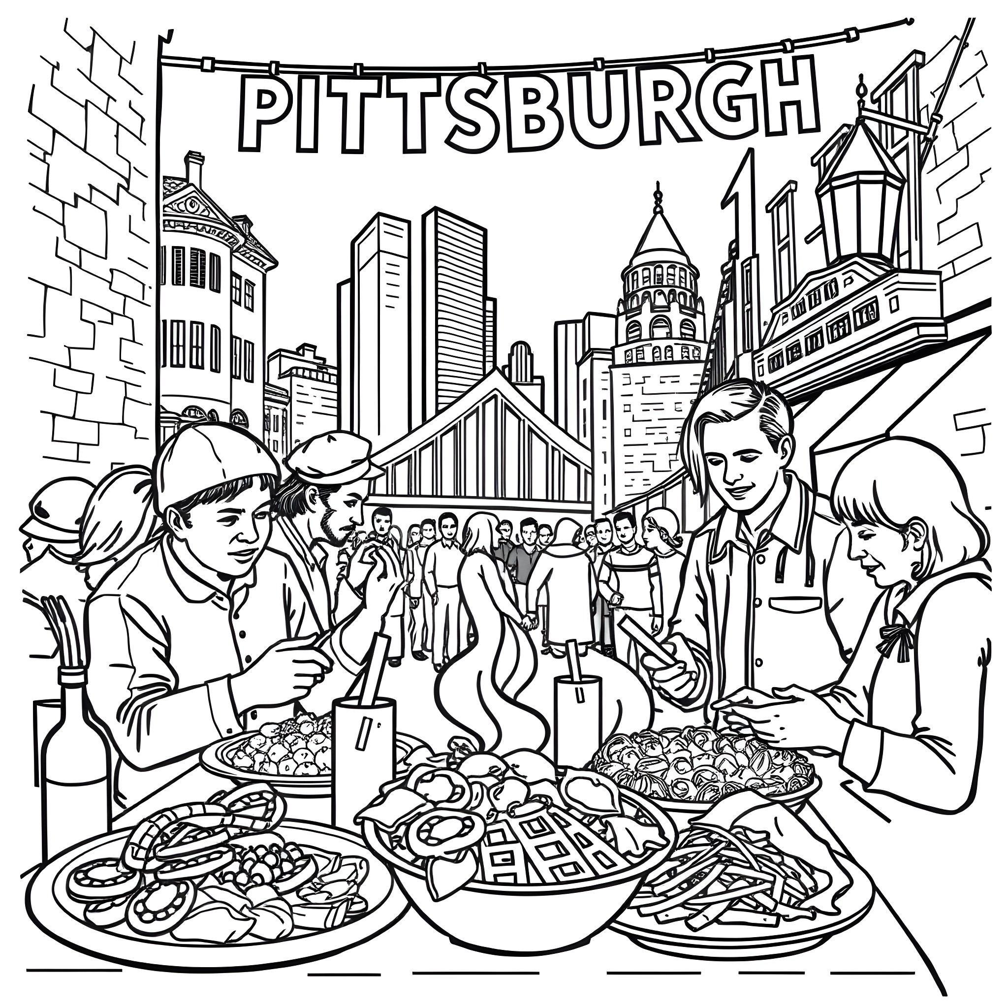 Brain scene of people enjoying Pittsburgh cuisine Coloring Page (free black-and-white line drawing printable PDF for all, from beginners to advanced learners, including children, teens, adults, and seniors)