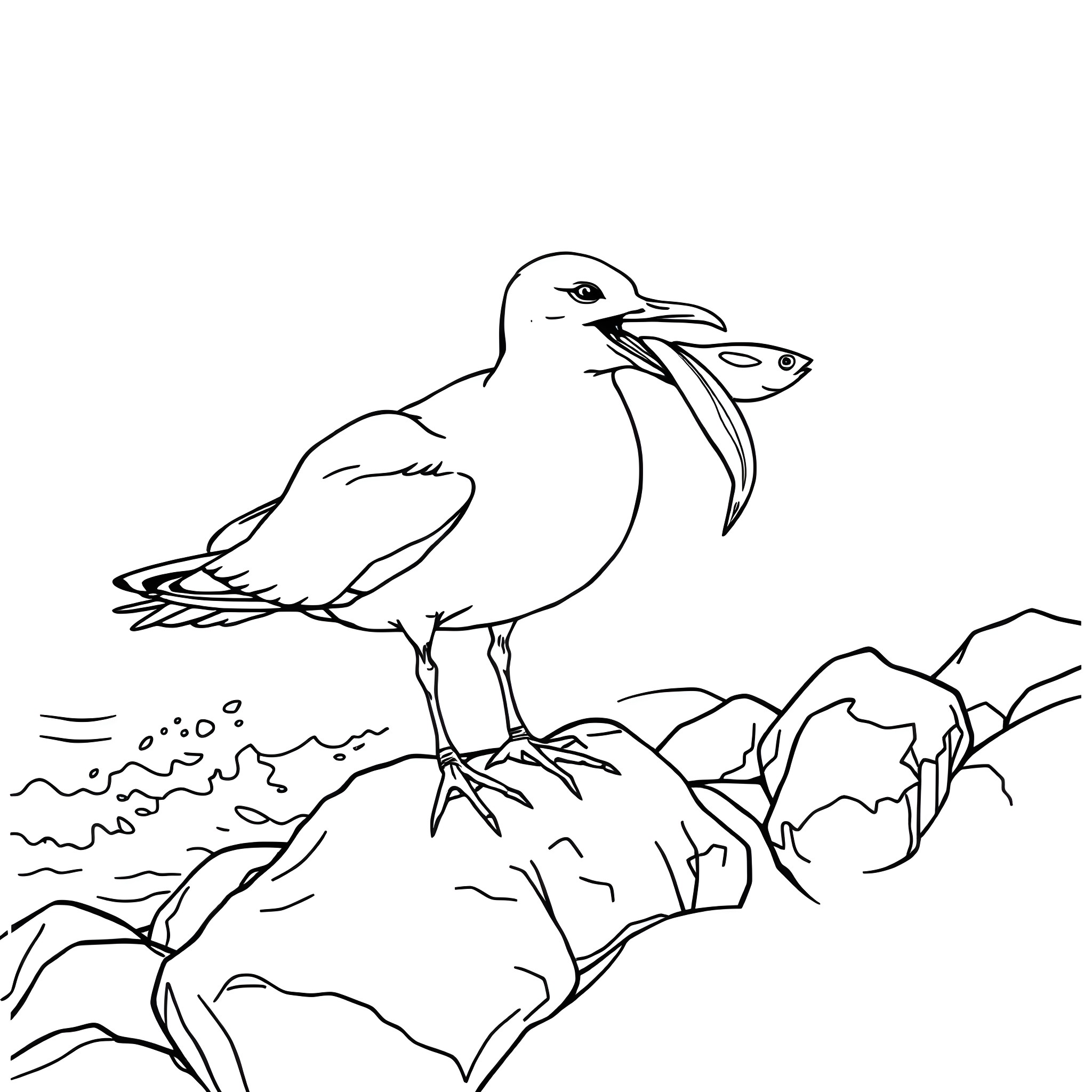 Seagull perching on rocky shore Coloring Page (free black-and-white line drawing printable PDF for all, from beginners to advanced learners, including children, teens, adults, and seniors)