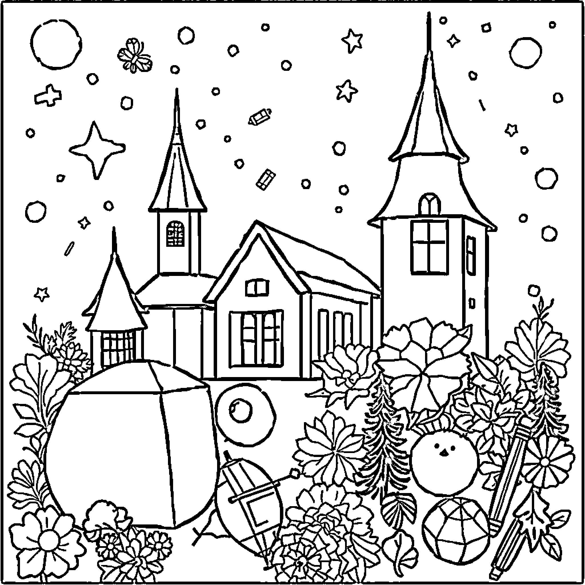 Mathematics of Whimsical Town and Nature Coloring Page (free black-and-white line drawing printable PDF for all, from beginners to advanced learners, including children, teens, adults, and seniors)