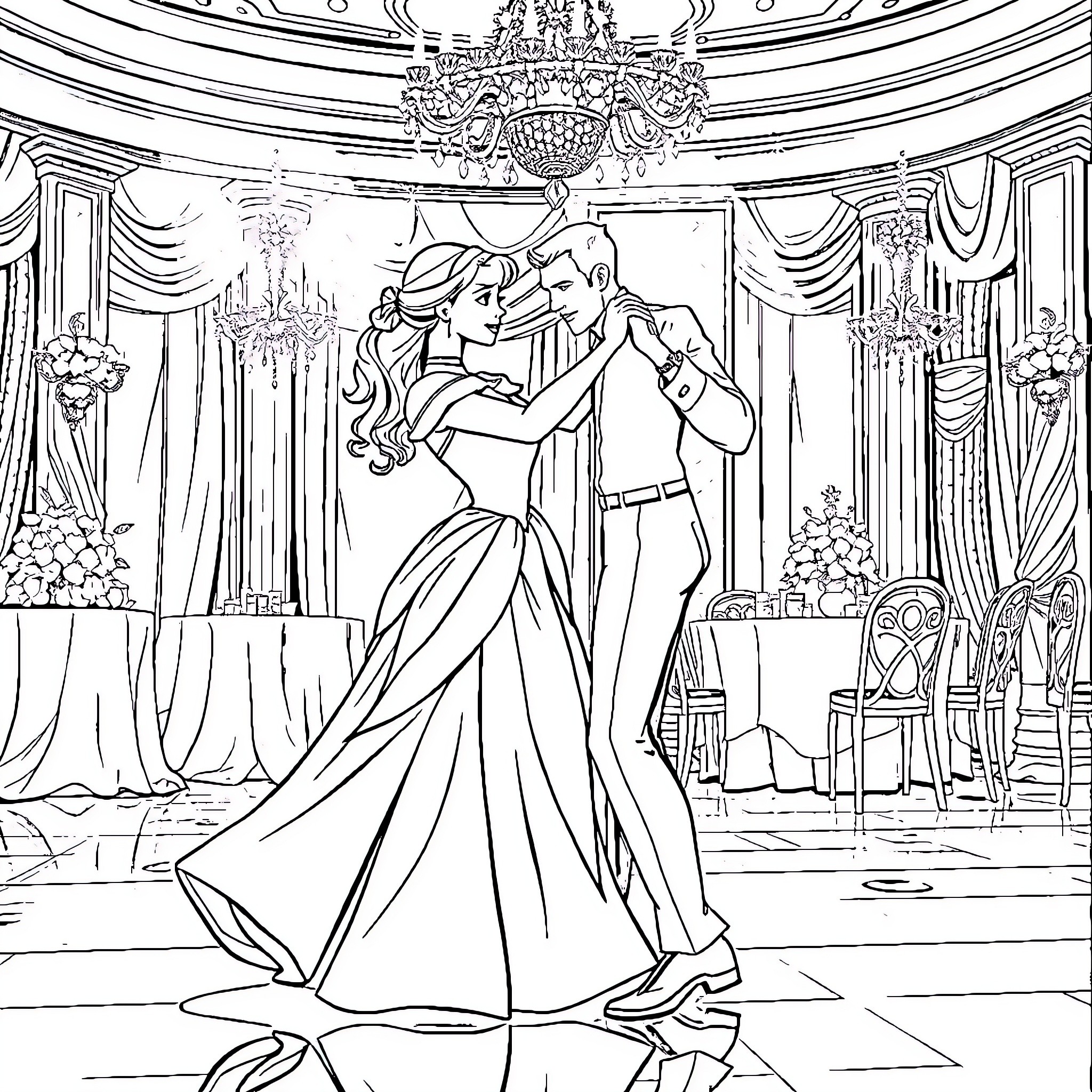 Cinderella and Prince Charming dancing at the royal ball Coloring Page (free black-and-white line drawing printable PDF for all, from beginners to advanced learners, including children, teens, adults, and seniors)
