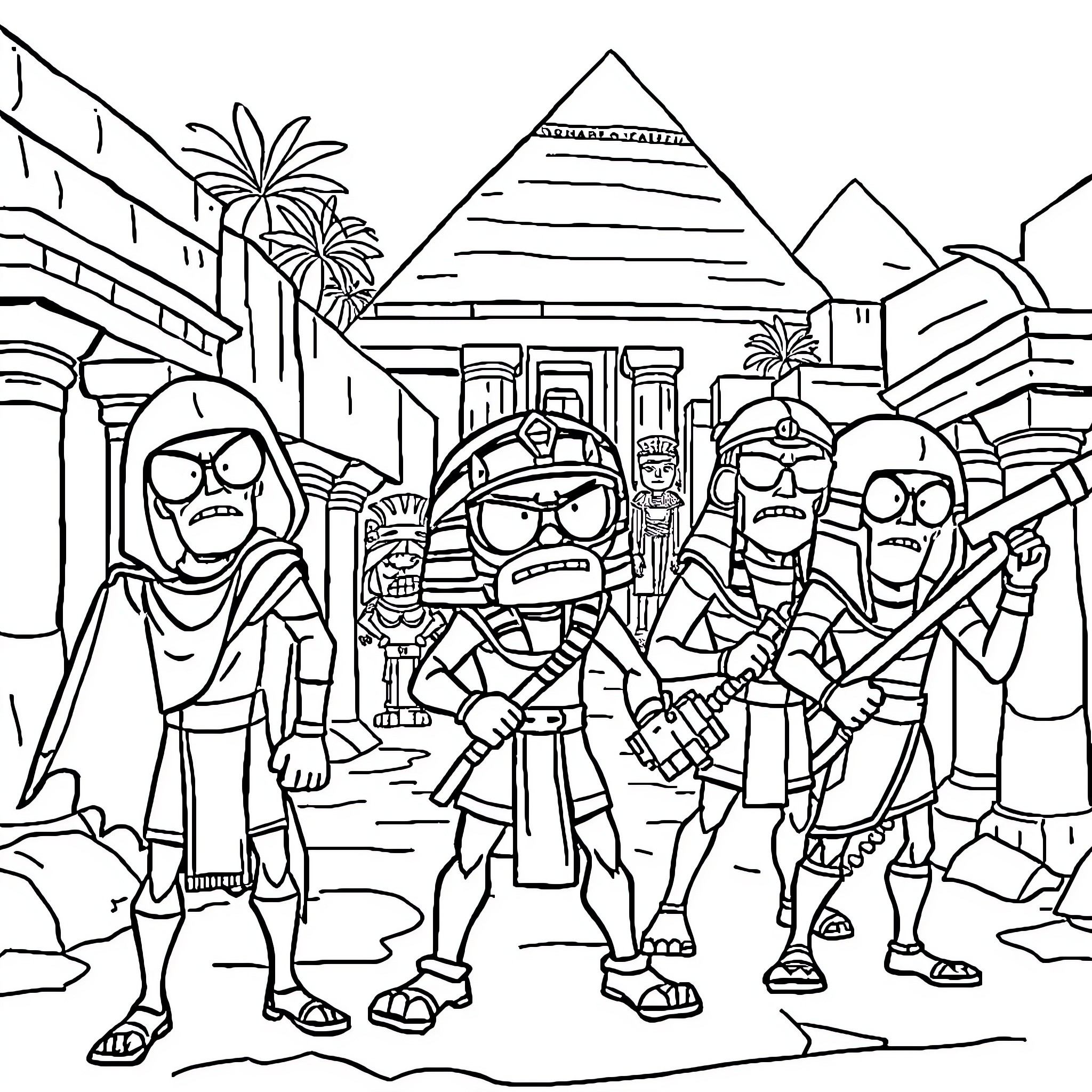 Villain Villains Plotting Mischief in Ancient Egypt Coloring Page (free black-and-white line drawing printable PDF for all, from beginners to advanced learners, including children, teens, adults, and seniors)