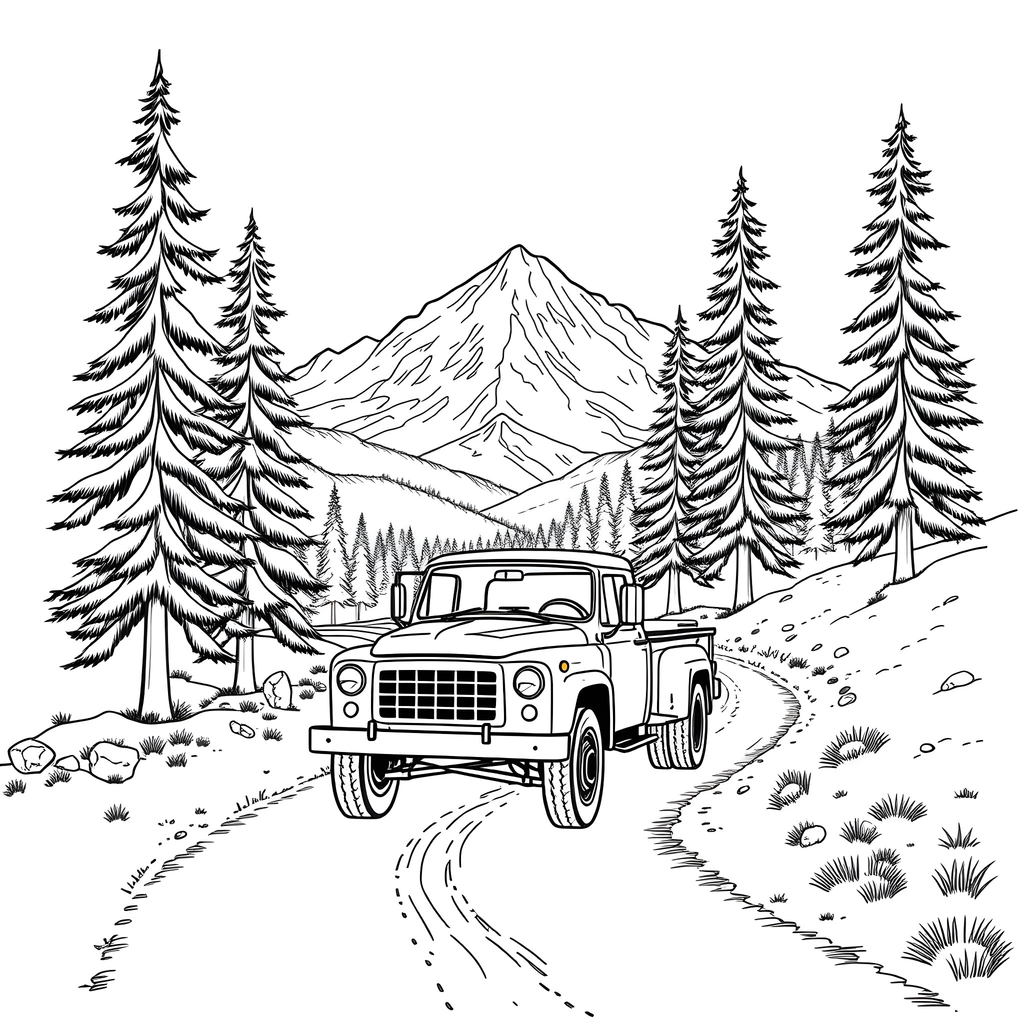 Truck Navigating Winding Path Through Snowy Mountain Landscape Coloring Page (free black-and-white line drawing printable PDF for all, from beginners to advanced learners, including children, teens, adults, and seniors)