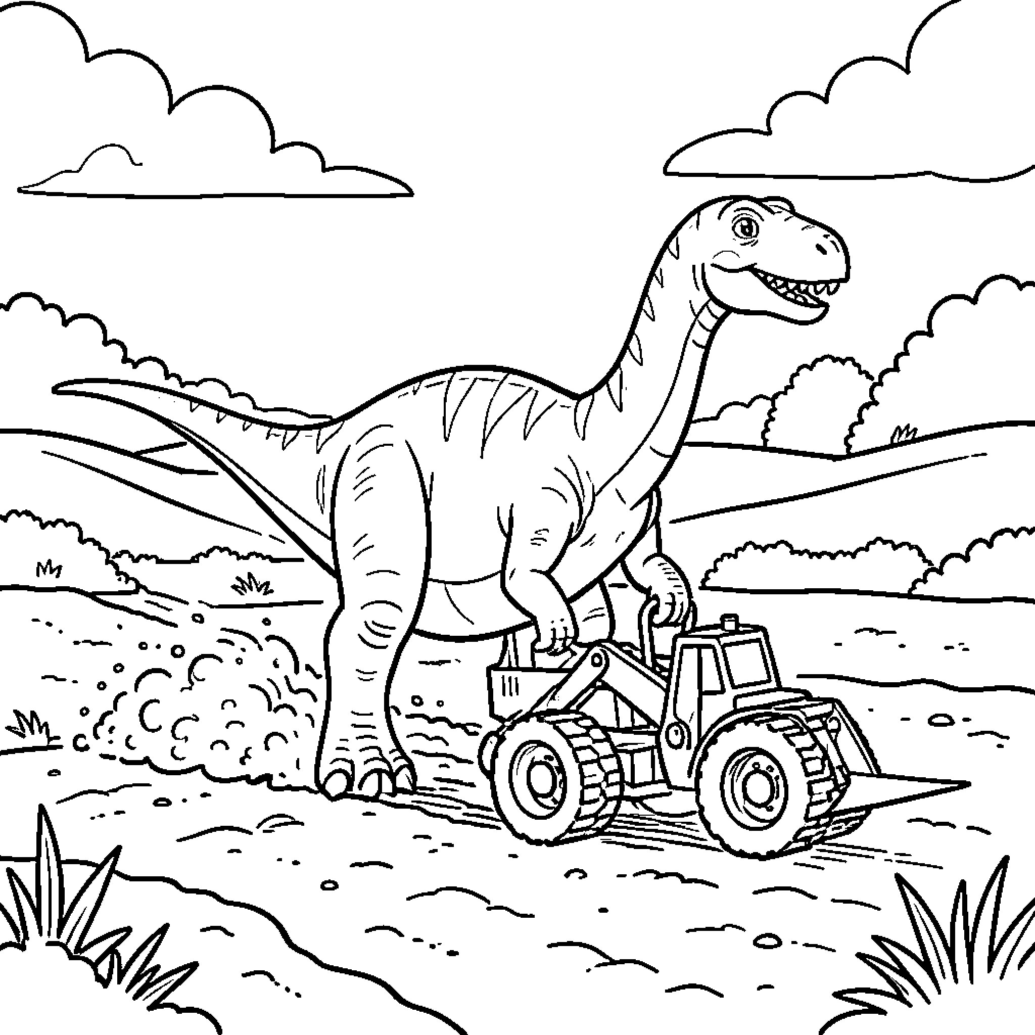 Dinosaur riding a construction vehicle in the countryside Coloring Page (free black-and-white line drawing printable PDF for all, from beginners to advanced learners, including children, teens, adults, and seniors)