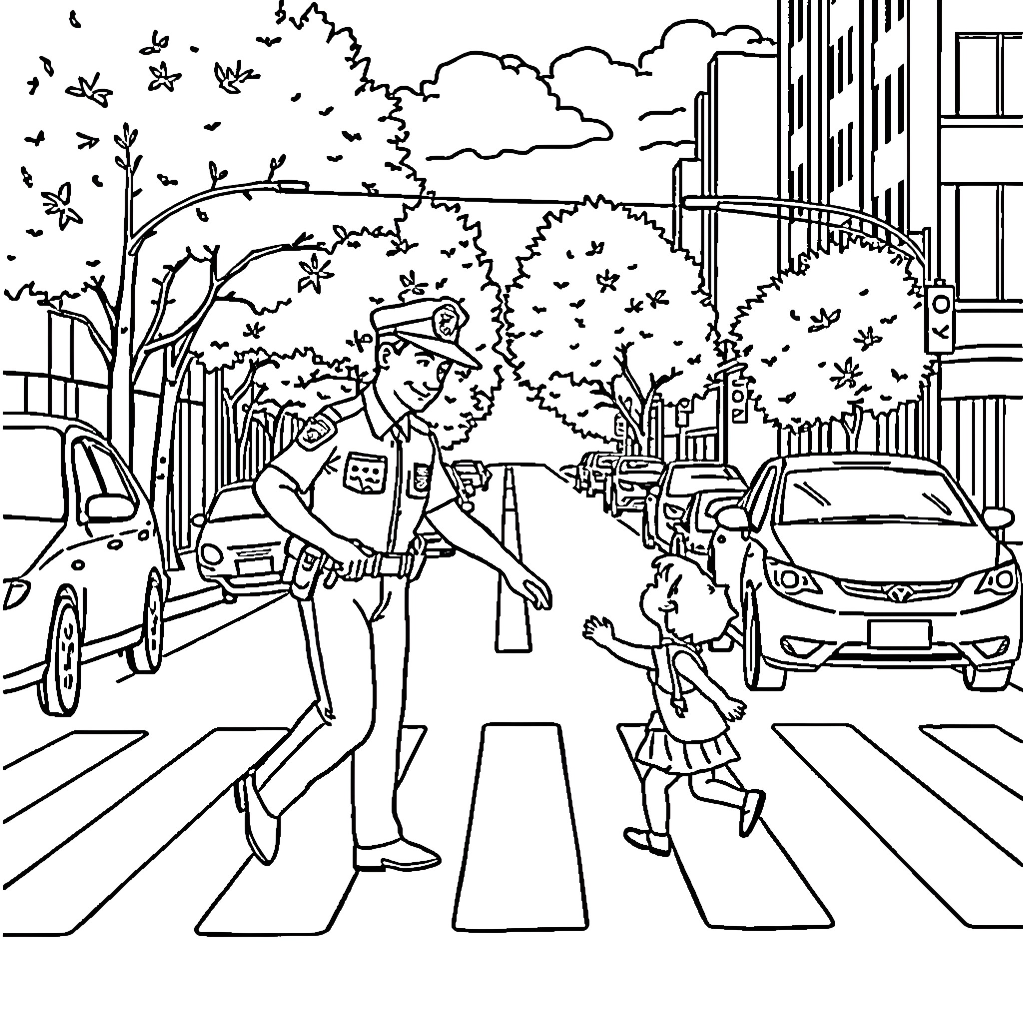 Police Officer Assisting Pedestrian at Crosswalk Coloring Page (free black-and-white line drawing printable PDF for all, from beginners to advanced learners, including children, teens, adults, and seniors)