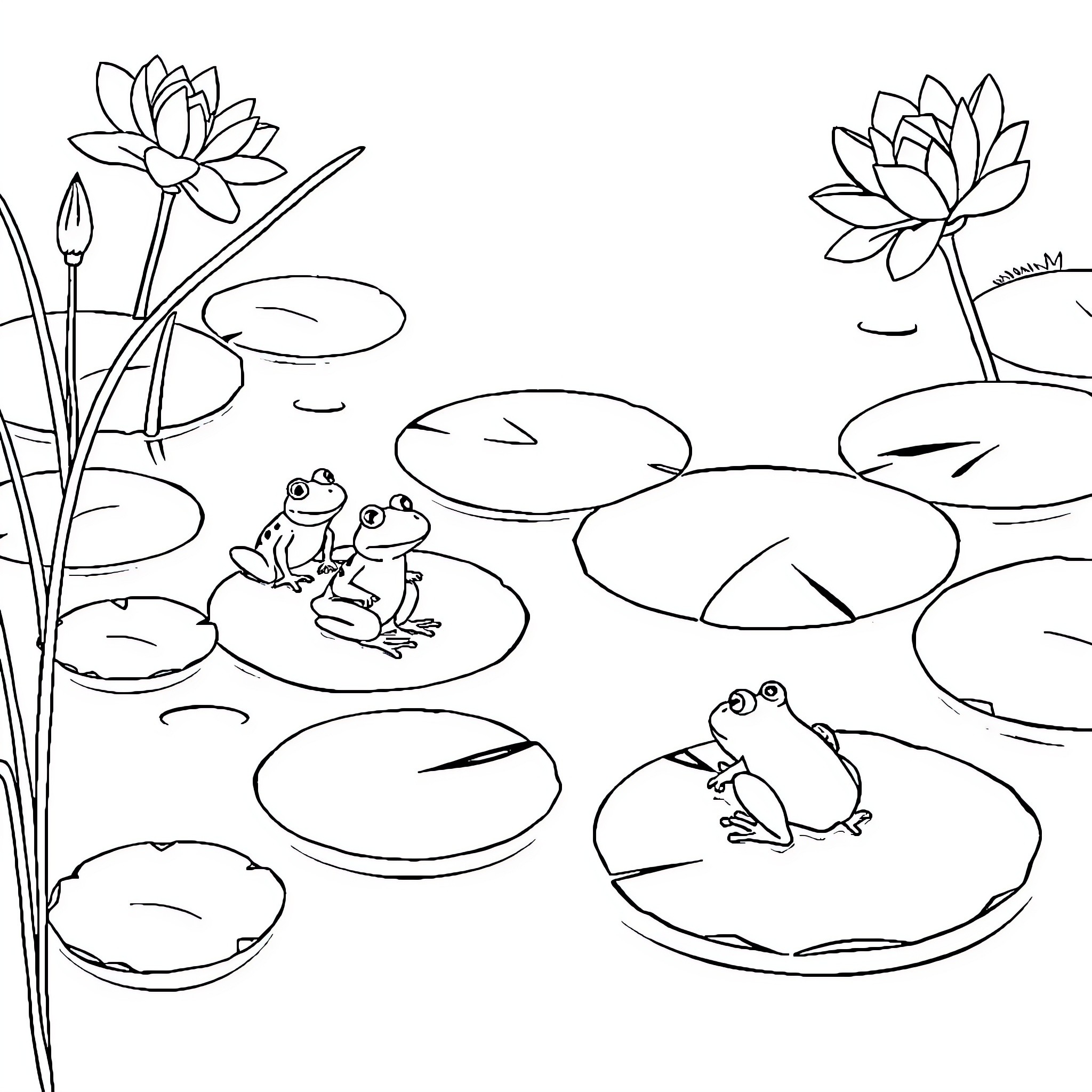 Frogs relaxing on lily pads in a serene pond Coloring Page (free black-and-white line drawing printable PDF for all, from beginners to advanced learners, including children, teens, adults, and seniors)