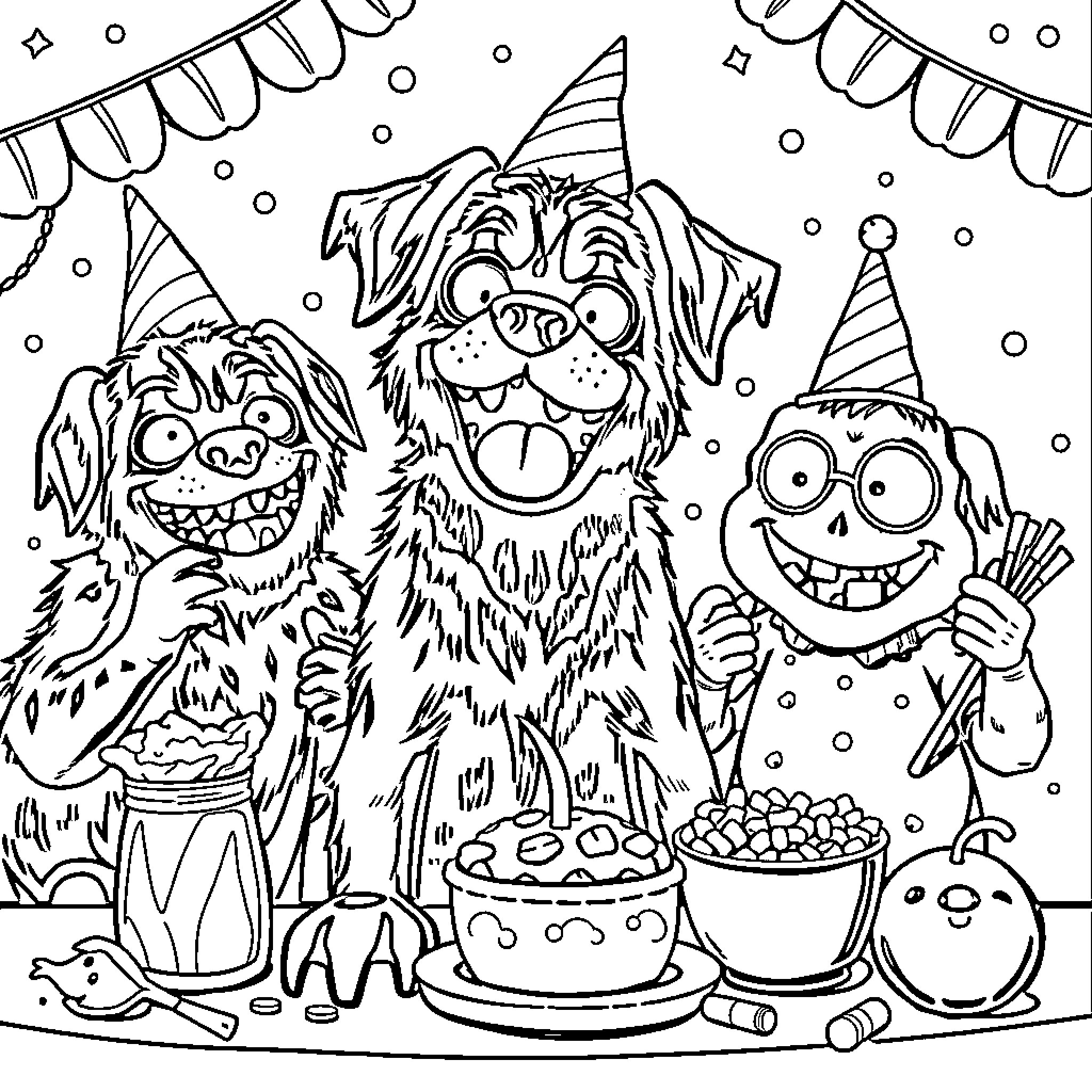 Monster Party with Funny Creatures and Treats Coloring Page (free black-and-white line drawing printable PDF for all, from beginners to advanced learners, including children, teens, adults, and seniors)