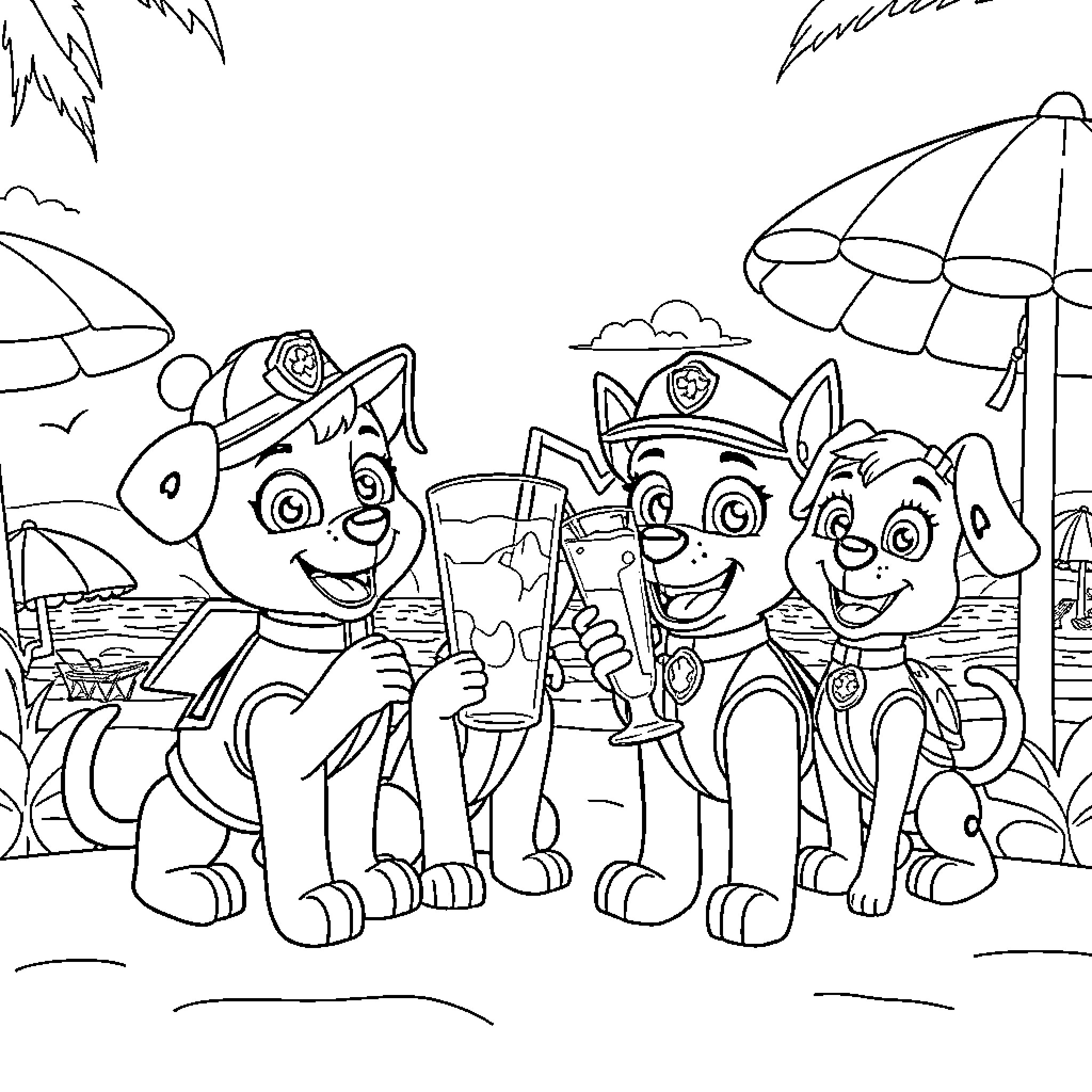 Paw Patrol Rescue Crew at the Beach Coloring Page (free black-and-white line drawing printable PDF for all, from beginners to advanced learners, including children, teens, adults, and seniors)