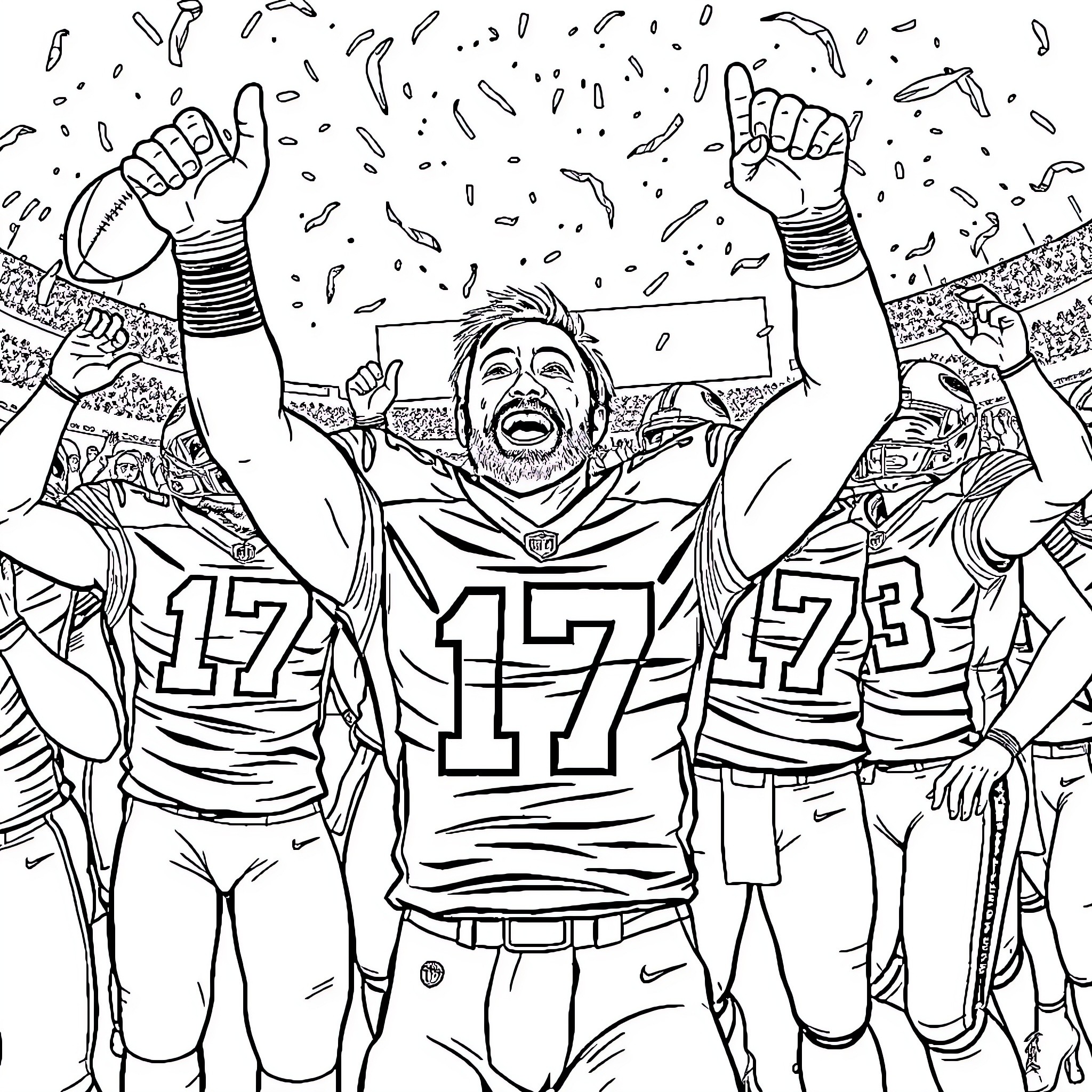 Josh Allen Celebrating Victory with Teammates Coloring Page (free black-and-white line drawing printable PDF for all, from beginners to advanced learners, including children, teens, adults, and seniors)