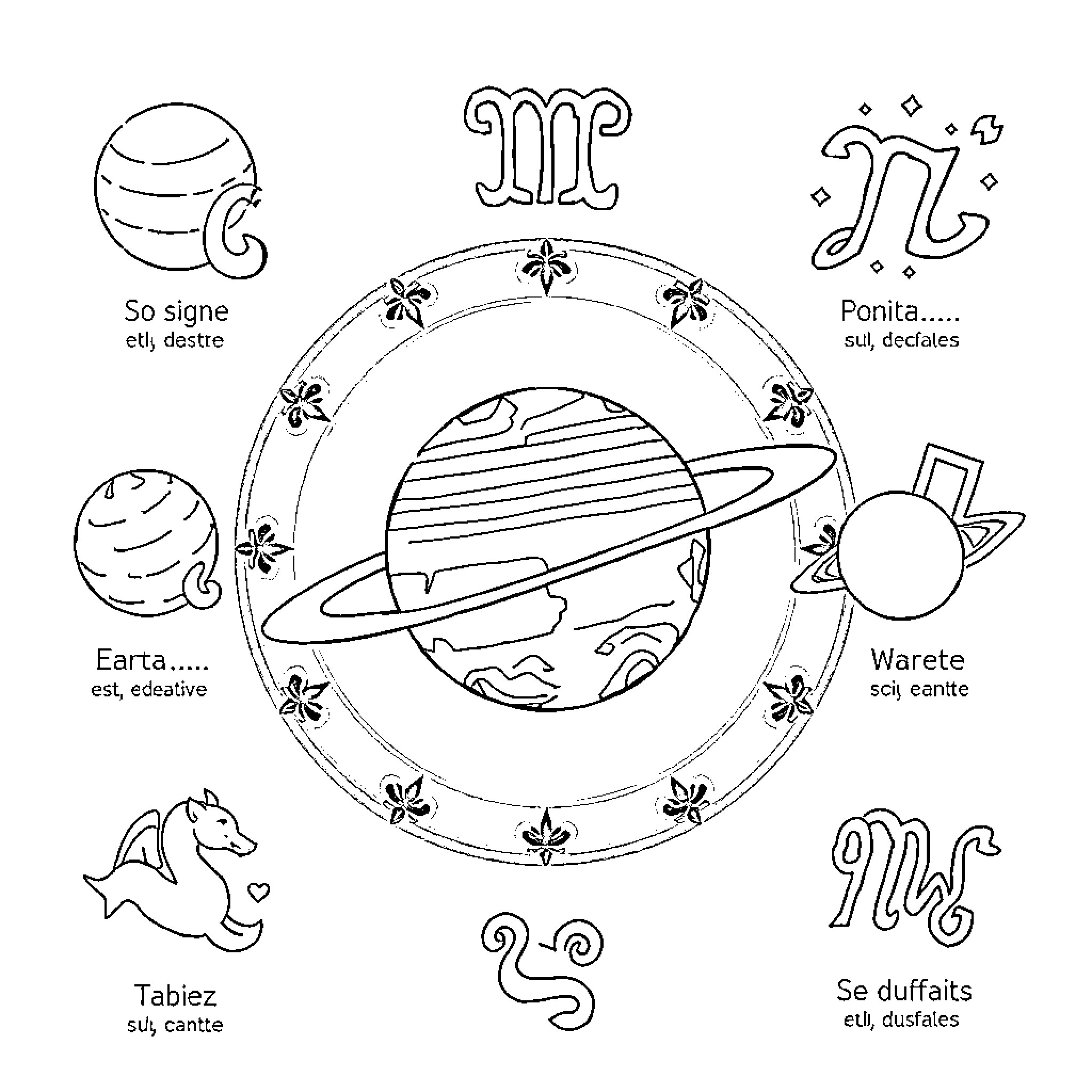 Zodiac Symbols and Celestial Figures Coloring Page (free black-and-white line drawing printable PDF for all, from beginners to advanced learners, including children, teens, adults, and seniors)
