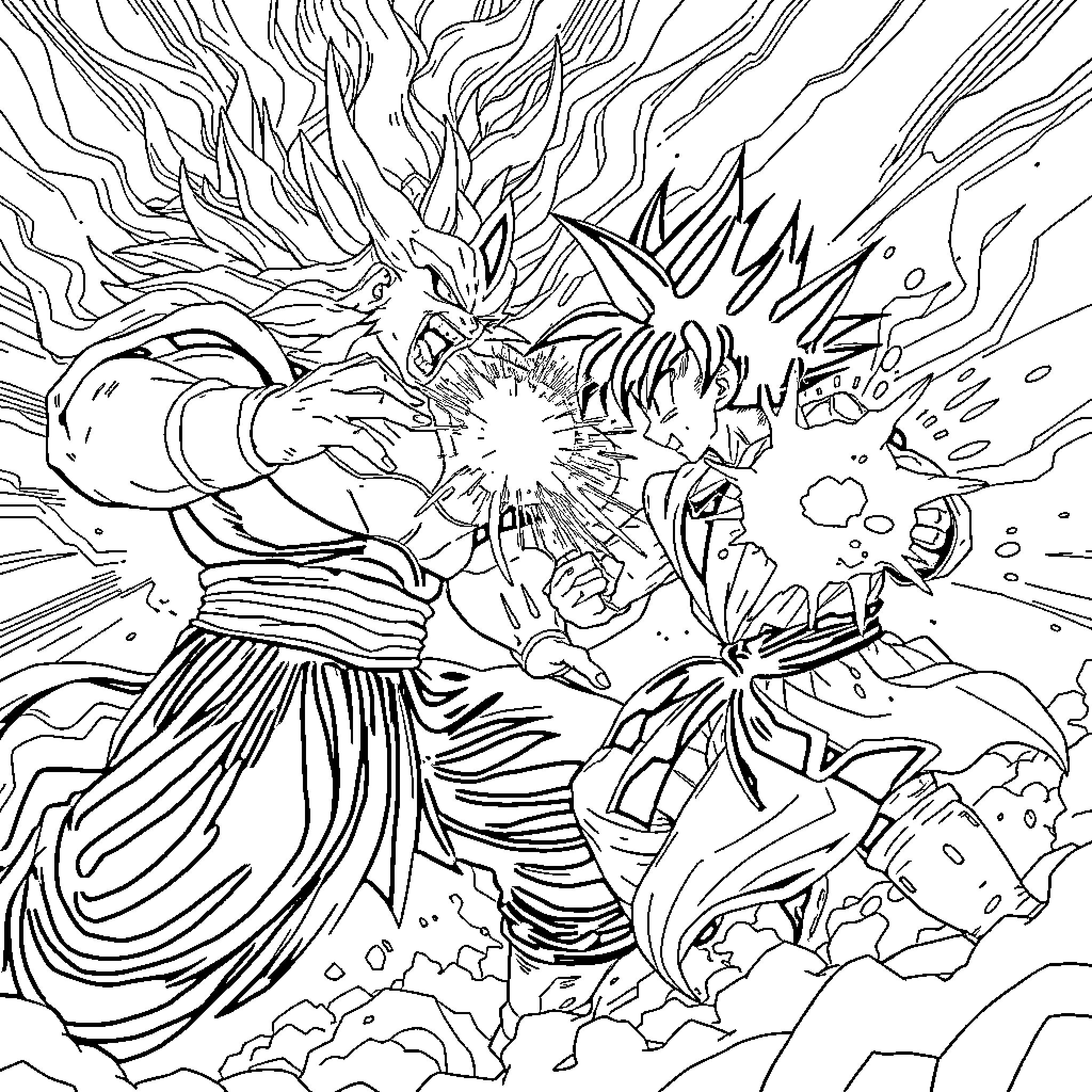 Goku Unleashing Powerful Energy Attack Coloring Page (free black-and-white line drawing printable PDF for all, from beginners to advanced learners, including children, teens, adults, and seniors)