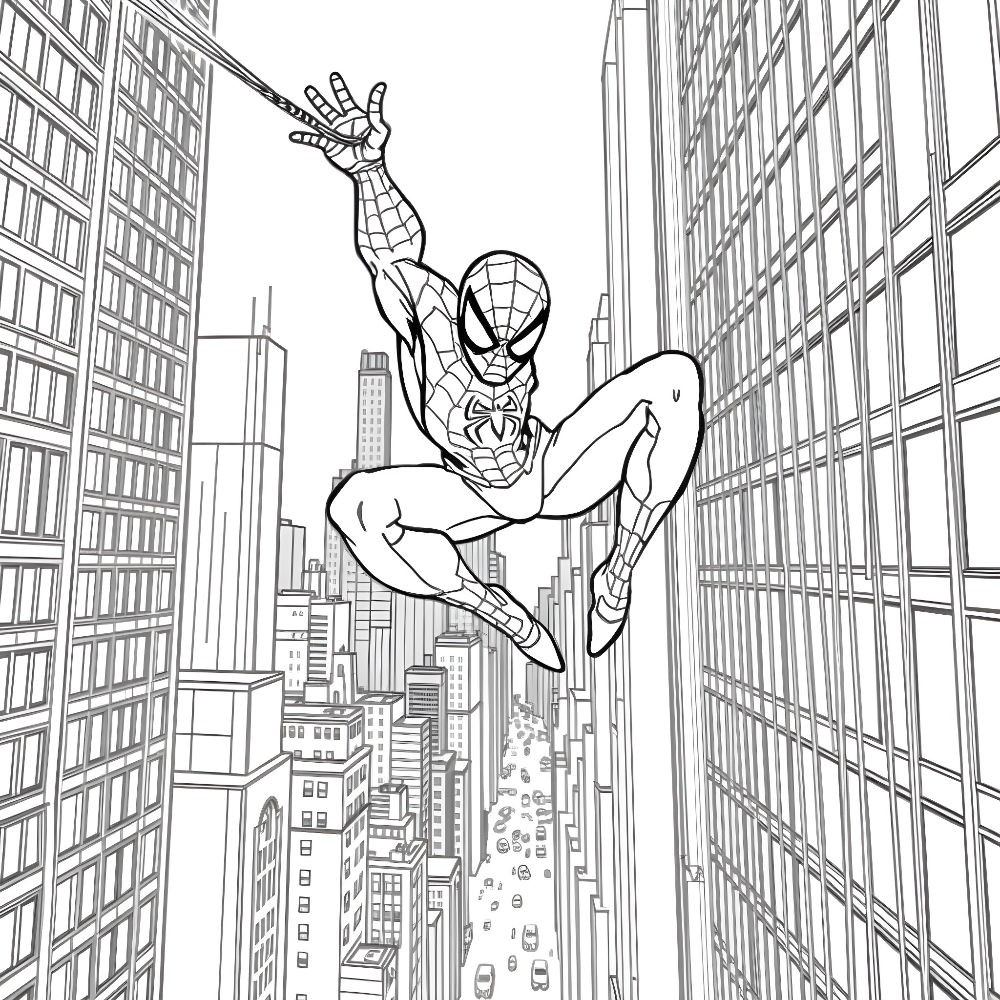 Spider-Man swinging through the city skyline Coloring Page (free black-and-white line drawing printable PDF for all, from beginners to advanced learners, including children, teens, adults, and seniors)