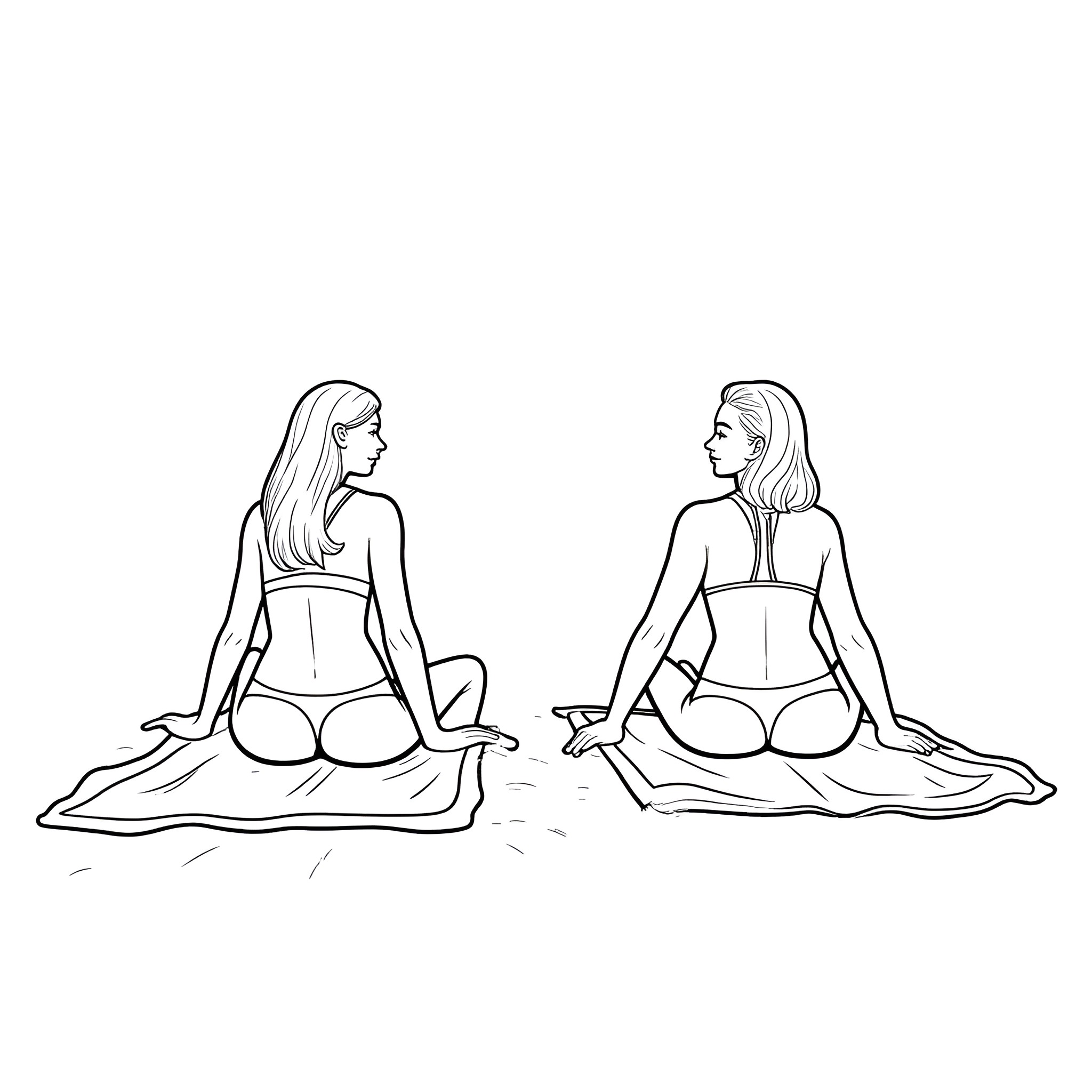 Teen Girls Meditating in Nature Coloring Page (free black-and-white line drawing printable PDF for all, from beginners to advanced learners, including children, teens, adults, and seniors)