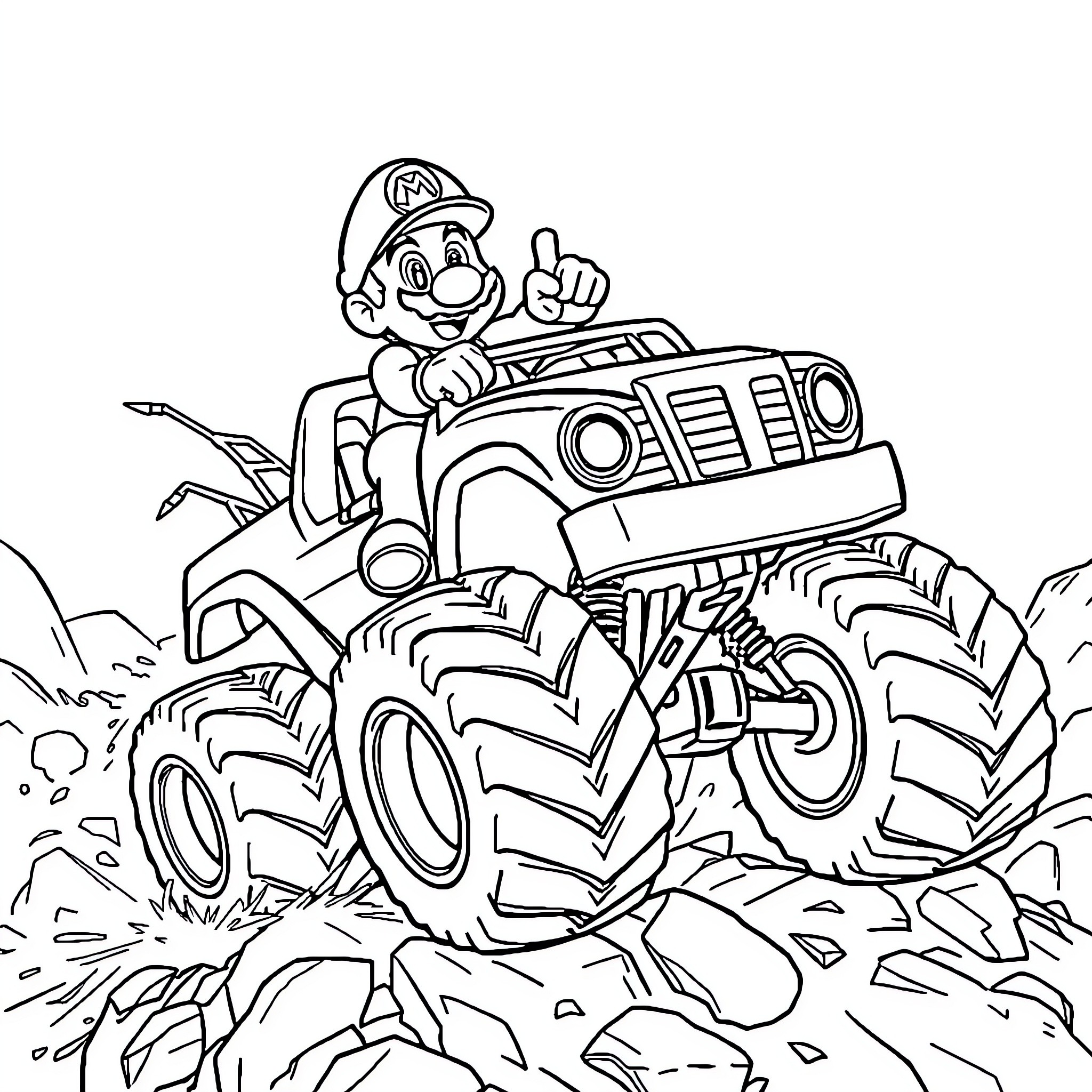Mario's Monstrous Monster Truck Adventure Coloring Page (free black-and-white line drawing printable PDF for all, from beginners to advanced learners, including children, teens, adults, and seniors)