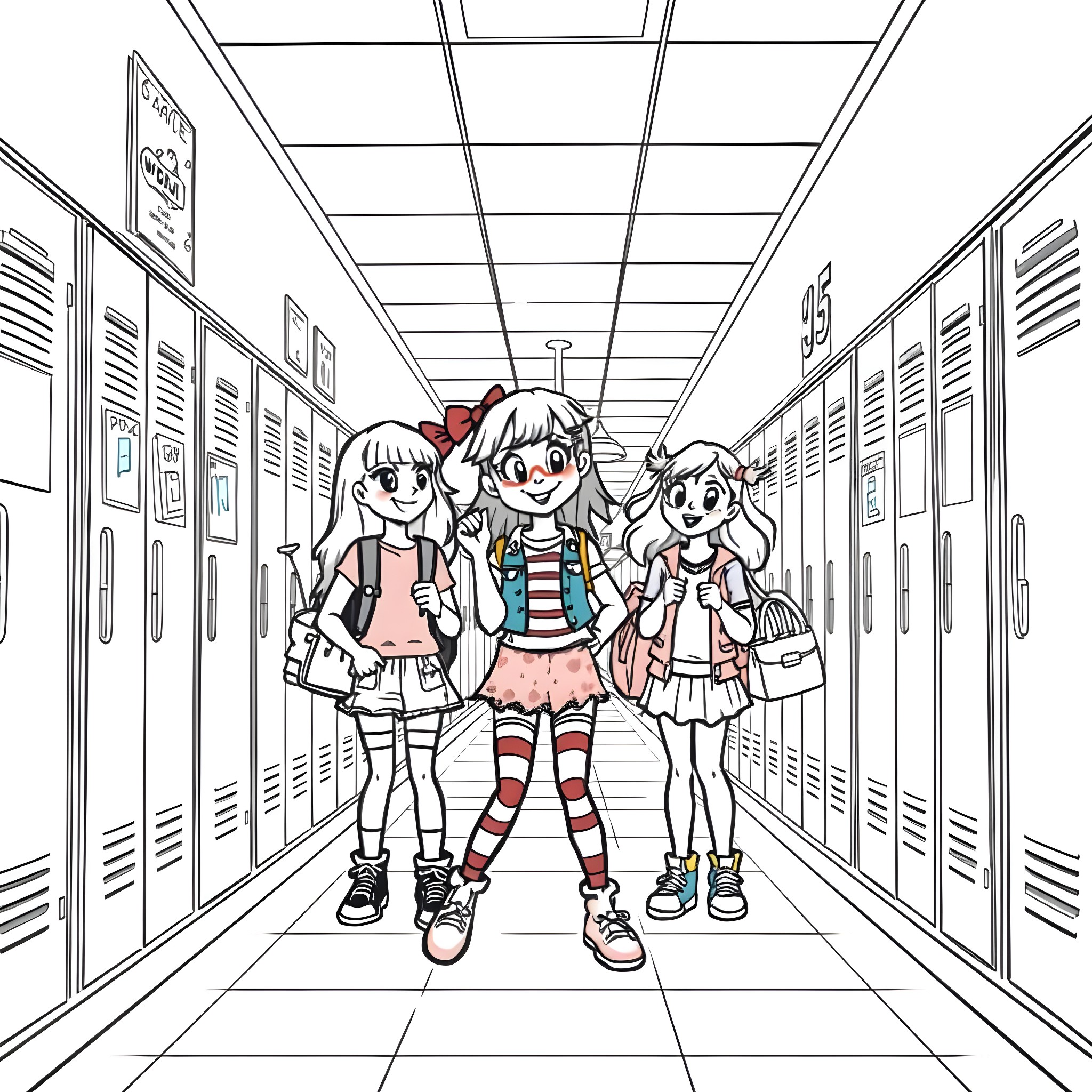Lizzie McGuire and friends exploring the school hallway Coloring Page (free black-and-white line drawing printable PDF for all, from beginners to advanced learners, including children, teens, adults, and seniors)