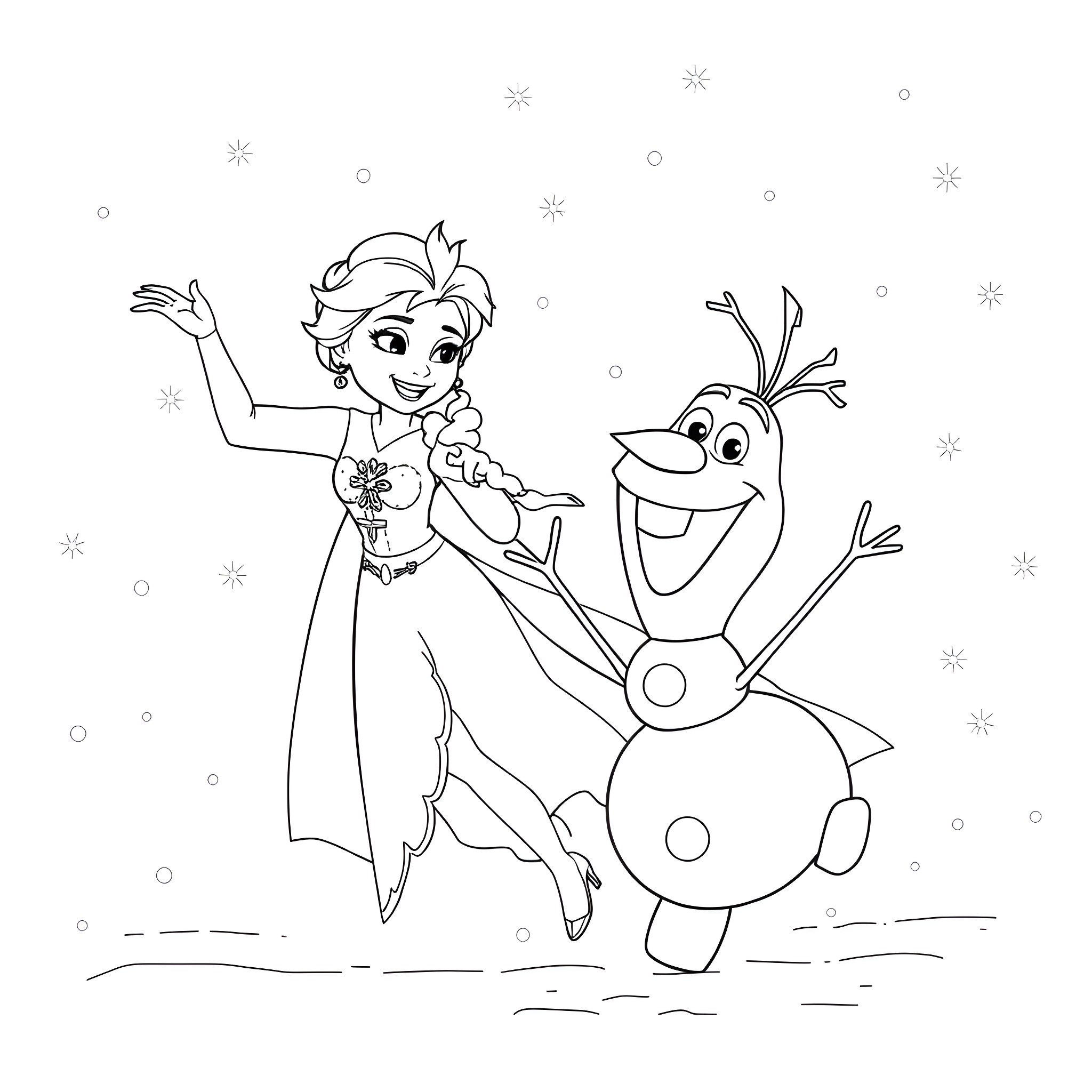Elsa and Olaf playing joyfully in the snow Coloring Page (free black-and-white line drawing printable PDF for all, from beginners to advanced learners, including children, teens, adults, and seniors)