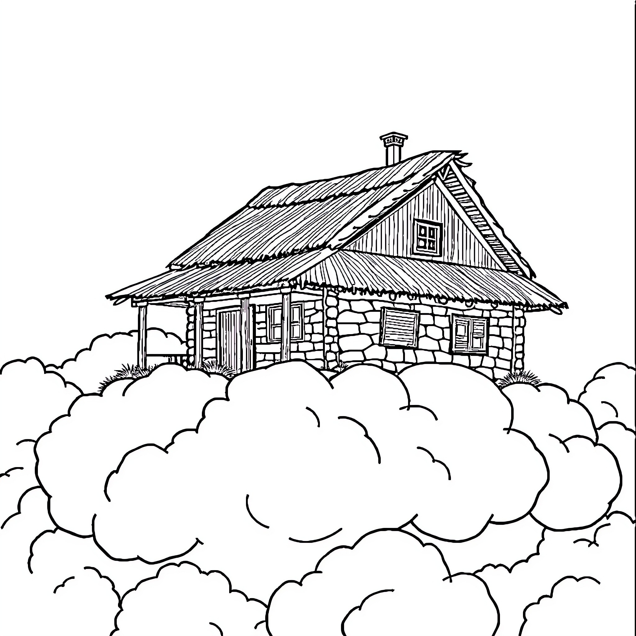 House Nestled in Cozy Clouds Coloring Page (free black-and-white line drawing printable PDF for all, from beginners to advanced learners, including children, teens, adults, and seniors)