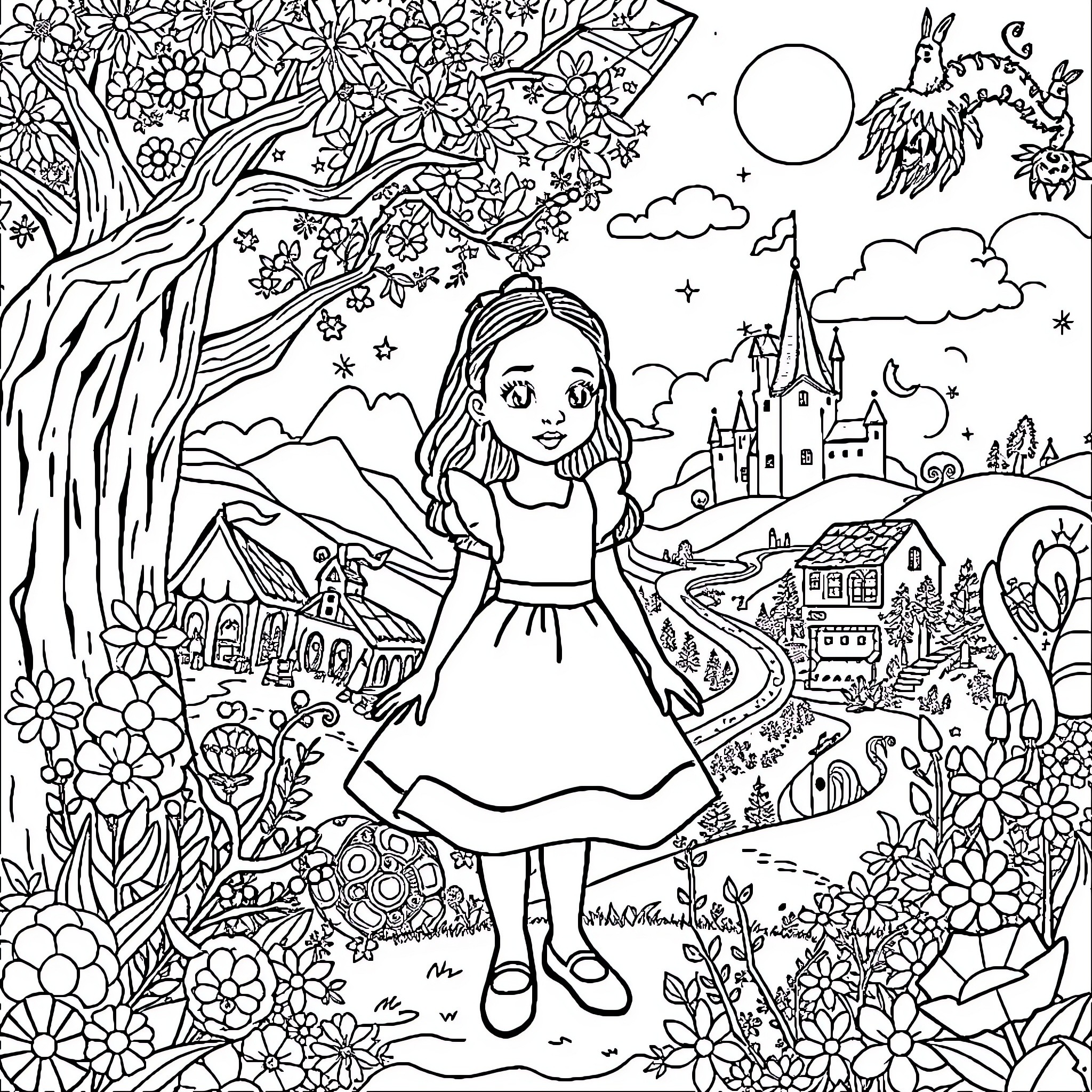 Alice in a Whimsical Fantasy Land Coloring Page (free black-and-white line drawing printable PDF for all, from beginners to advanced learners, including children, teens, adults, and seniors)
