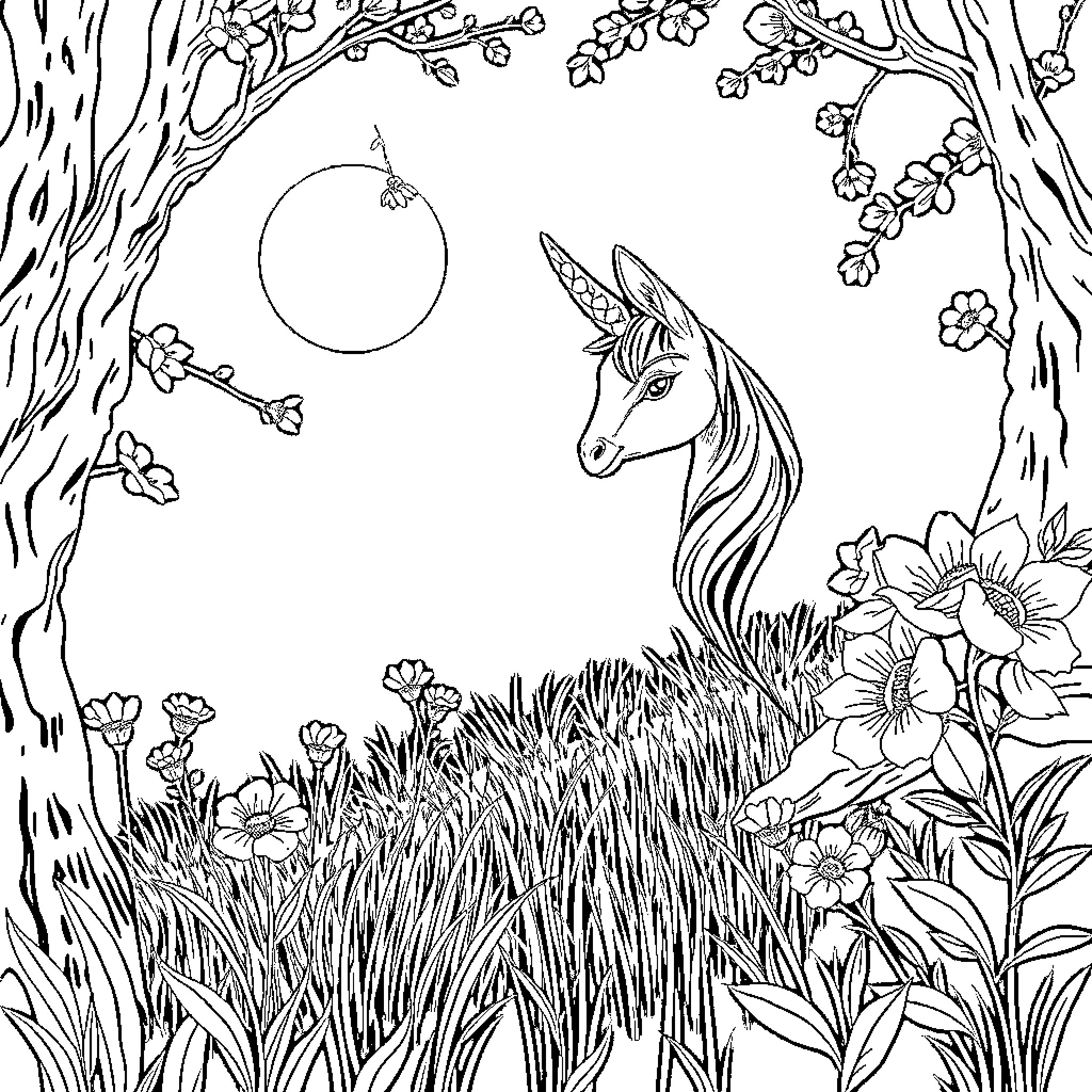 Princess in Enchanted Forest with Unicorn Coloring Page (free black-and-white line drawing printable PDF for all, from beginners to advanced learners, including children, teens, adults, and seniors)