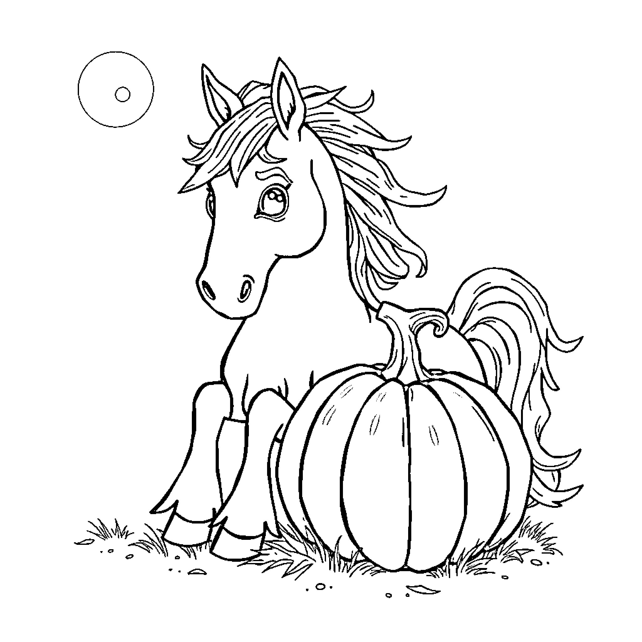 Pumpkin pony relaxing in the meadow Coloring Page (free black-and-white line drawing printable PDF for all, from beginners to advanced learners, including children, teens, adults, and seniors)