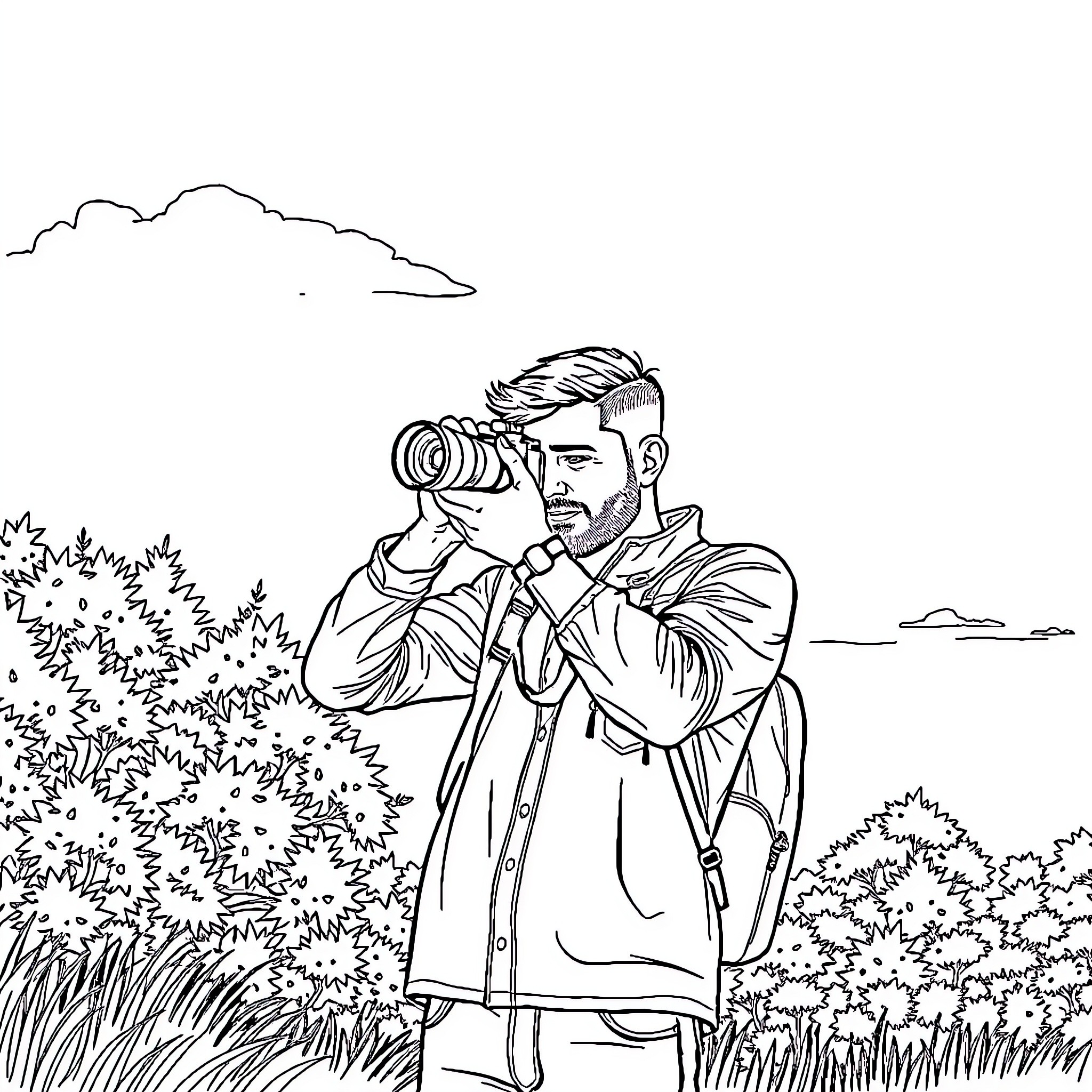 Man intently photographing nature in the wilderness Coloring Page (free black-and-white line drawing printable PDF for all, from beginners to advanced learners, including children, teens, adults, and seniors)