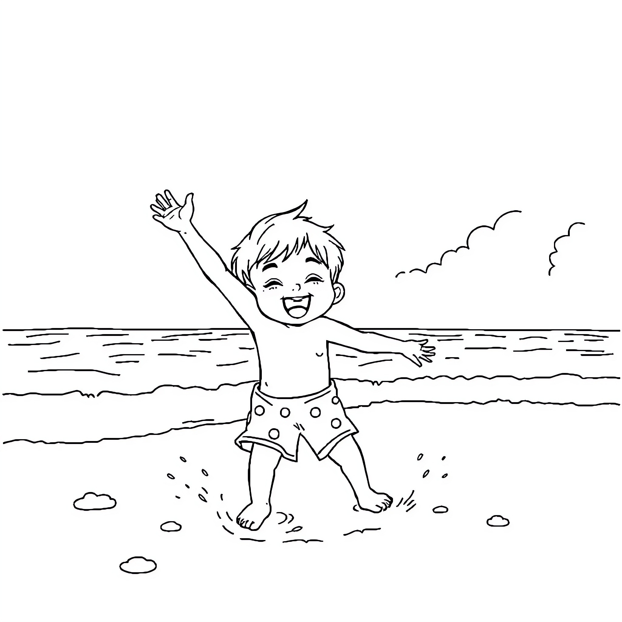 Labun joyfully plays in the waves Coloring Page (free black-and-white line drawing printable PDF for all, from beginners to advanced learners, including children, teens, adults, and seniors)