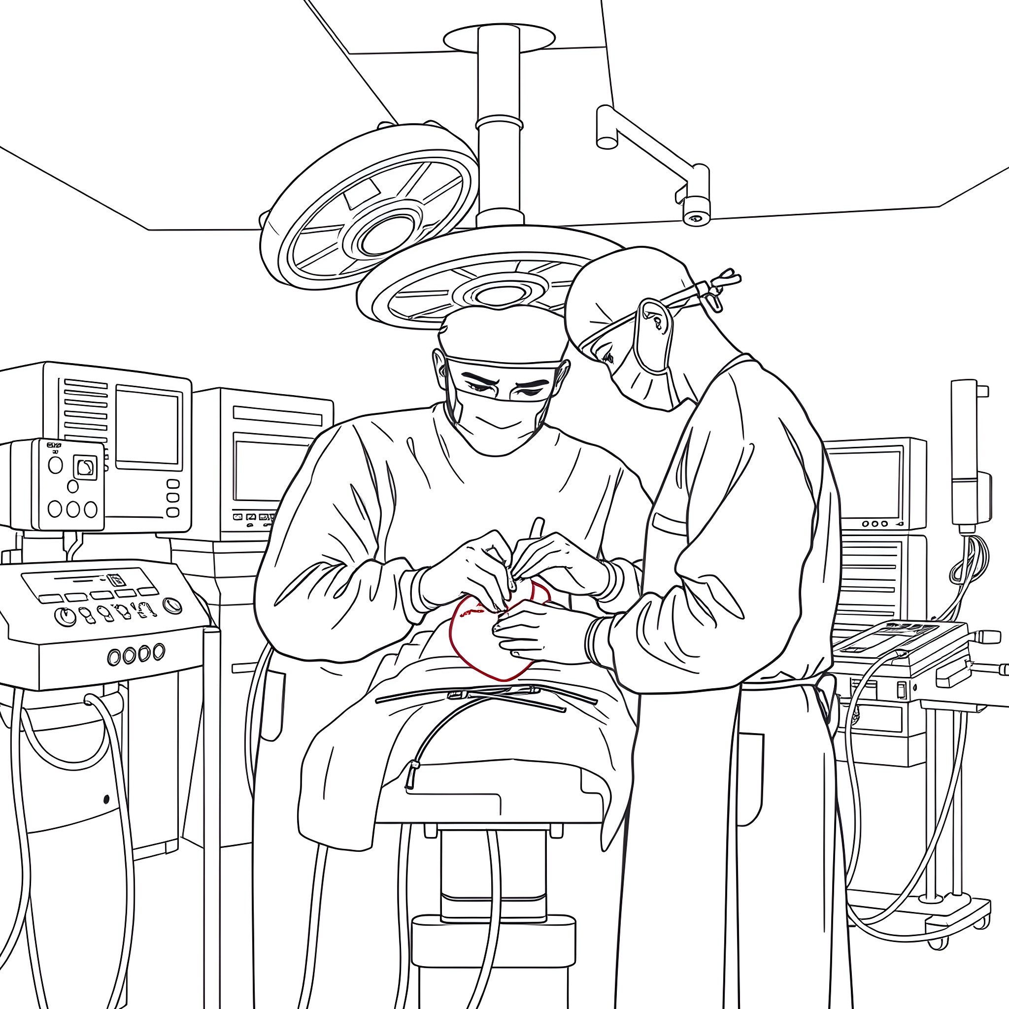 Blu Doctors Performing Delicate Surgery Coloring Page (free black-and-white line drawing printable PDF for all, from beginners to advanced learners, including children, teens, adults, and seniors)