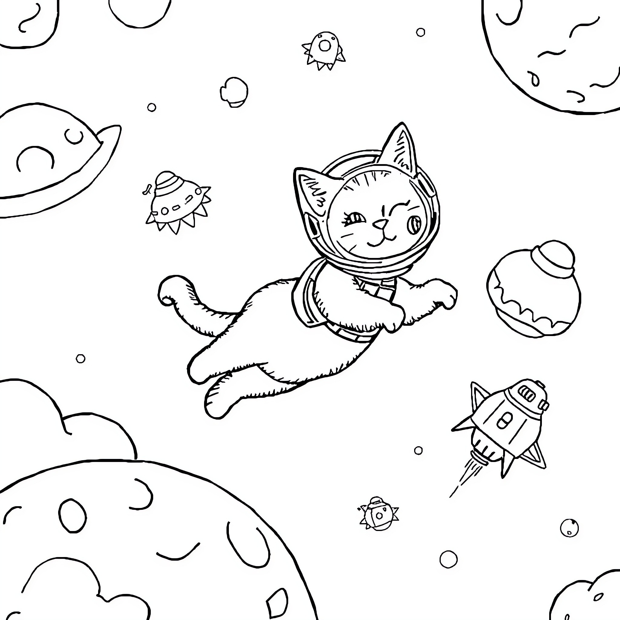 Cat in a space suit exploring the cosmos Coloring Page (free black-and-white line drawing printable PDF for all, from beginners to advanced learners, including children, teens, adults, and seniors)