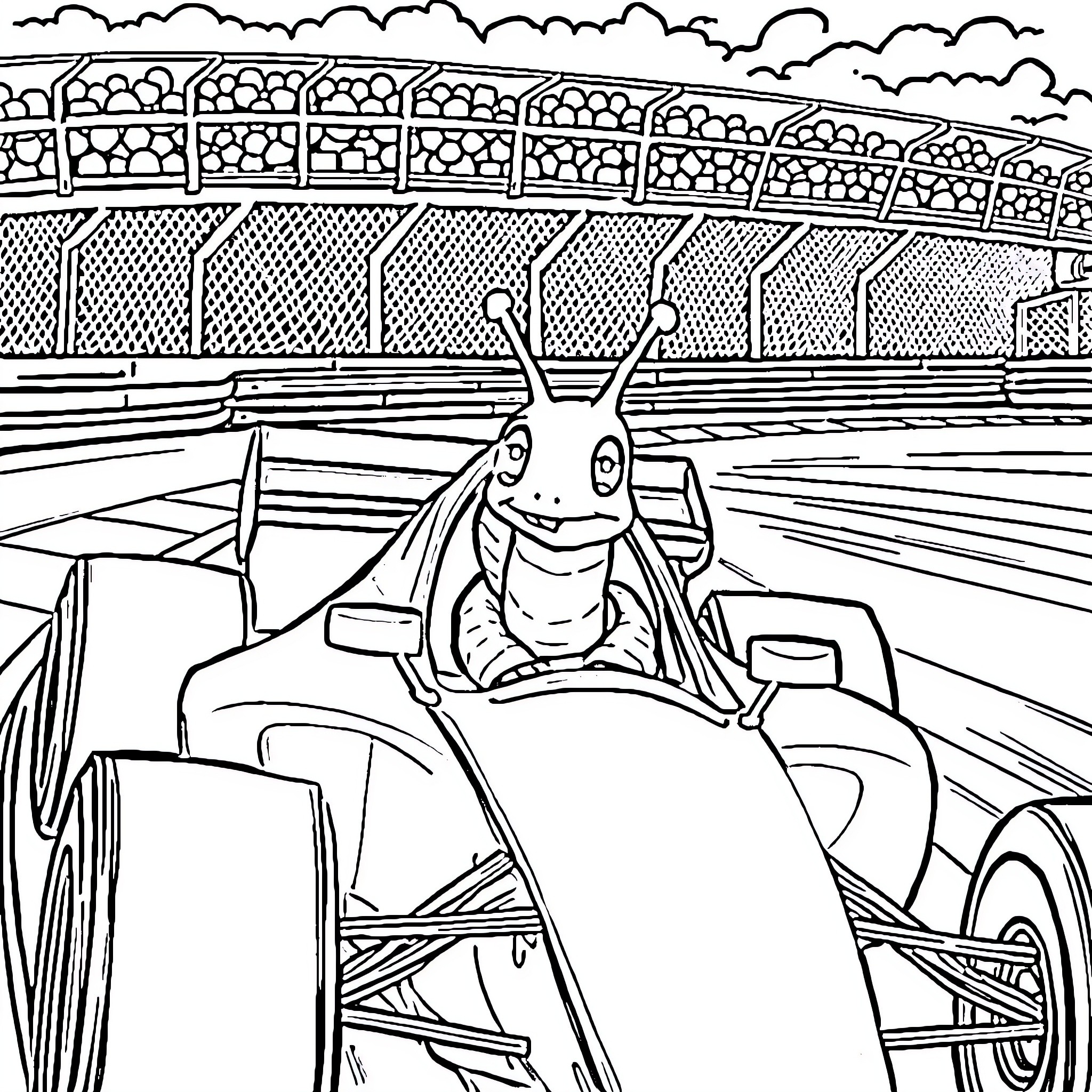 Snail racing in a Formula One car Coloring Page (free black-and-white line drawing printable PDF for all, from beginners to advanced learners, including children, teens, adults, and seniors)