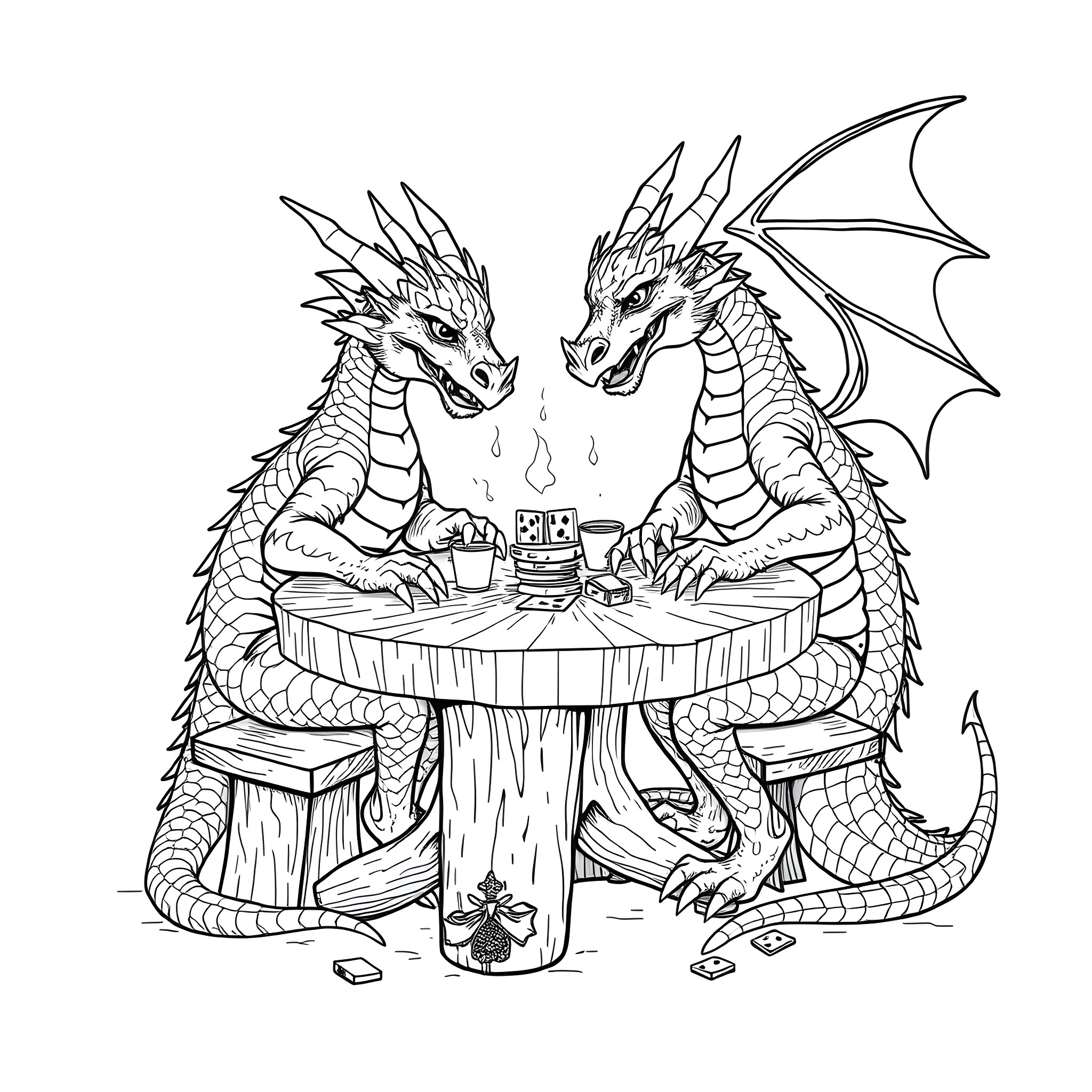 Dragon companions enjoying tea time together Coloring Page (free black-and-white line drawing printable PDF for all, from beginners to advanced learners, including children, teens, adults, and seniors)