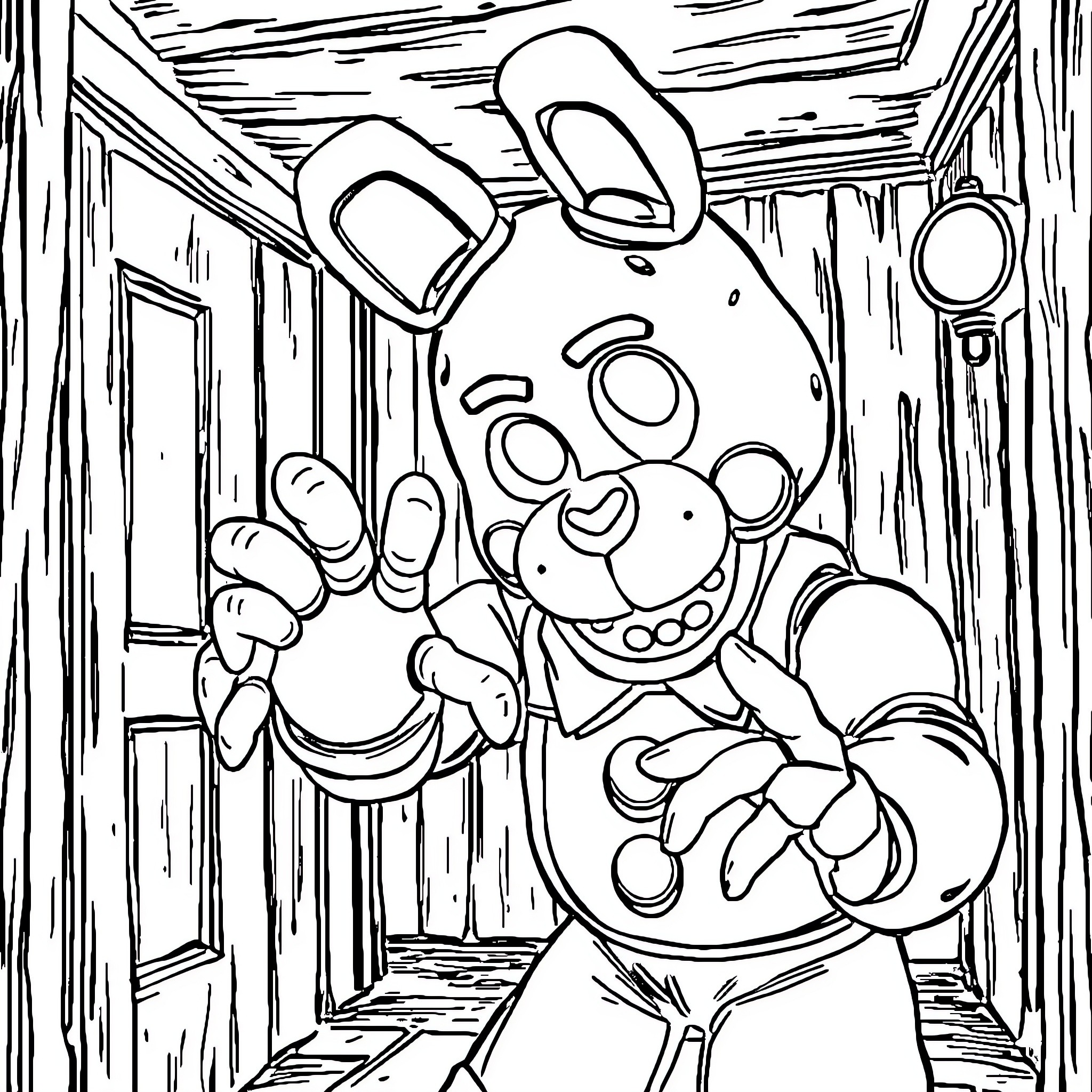 Freddy the Friendly Animatronic Waves in the Hallway Coloring Page (free black-and-white line drawing printable PDF for all, from beginners to advanced learners, including children, teens, adults, and seniors)