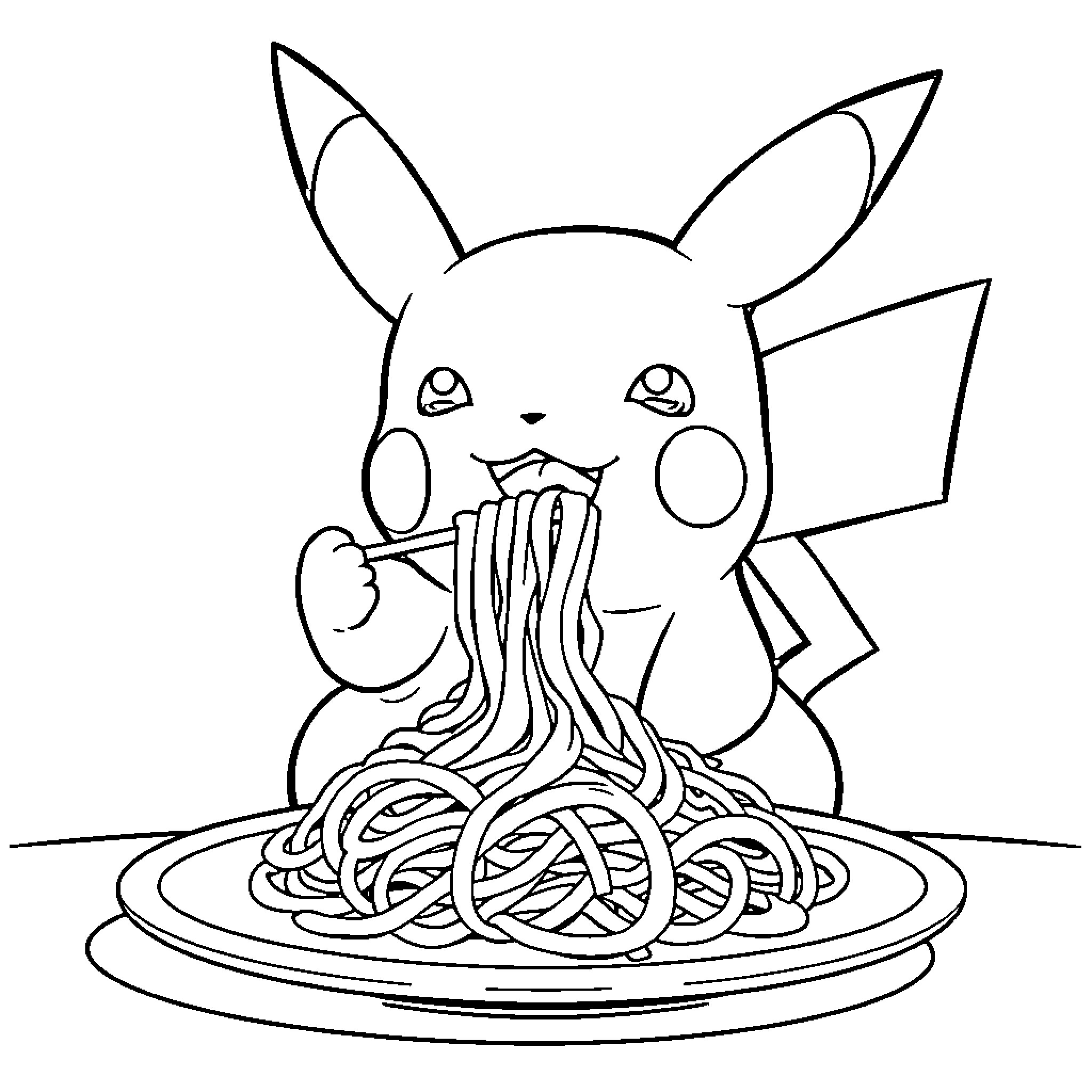 Pikachu enjoying a plate of spaghetti Coloring Page (free black-and-white line drawing printable PDF for all, from beginners to advanced learners, including children, teens, adults, and seniors)