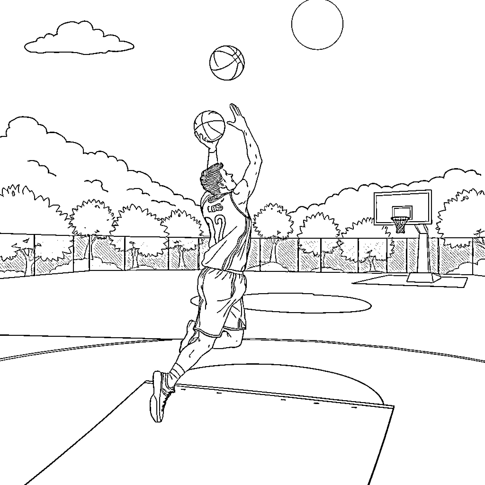 Tsipras playing basketball on outdoor court Coloring Page (free black-and-white line drawing printable PDF for all, from beginners to advanced learners, including children, teens, adults, and seniors)