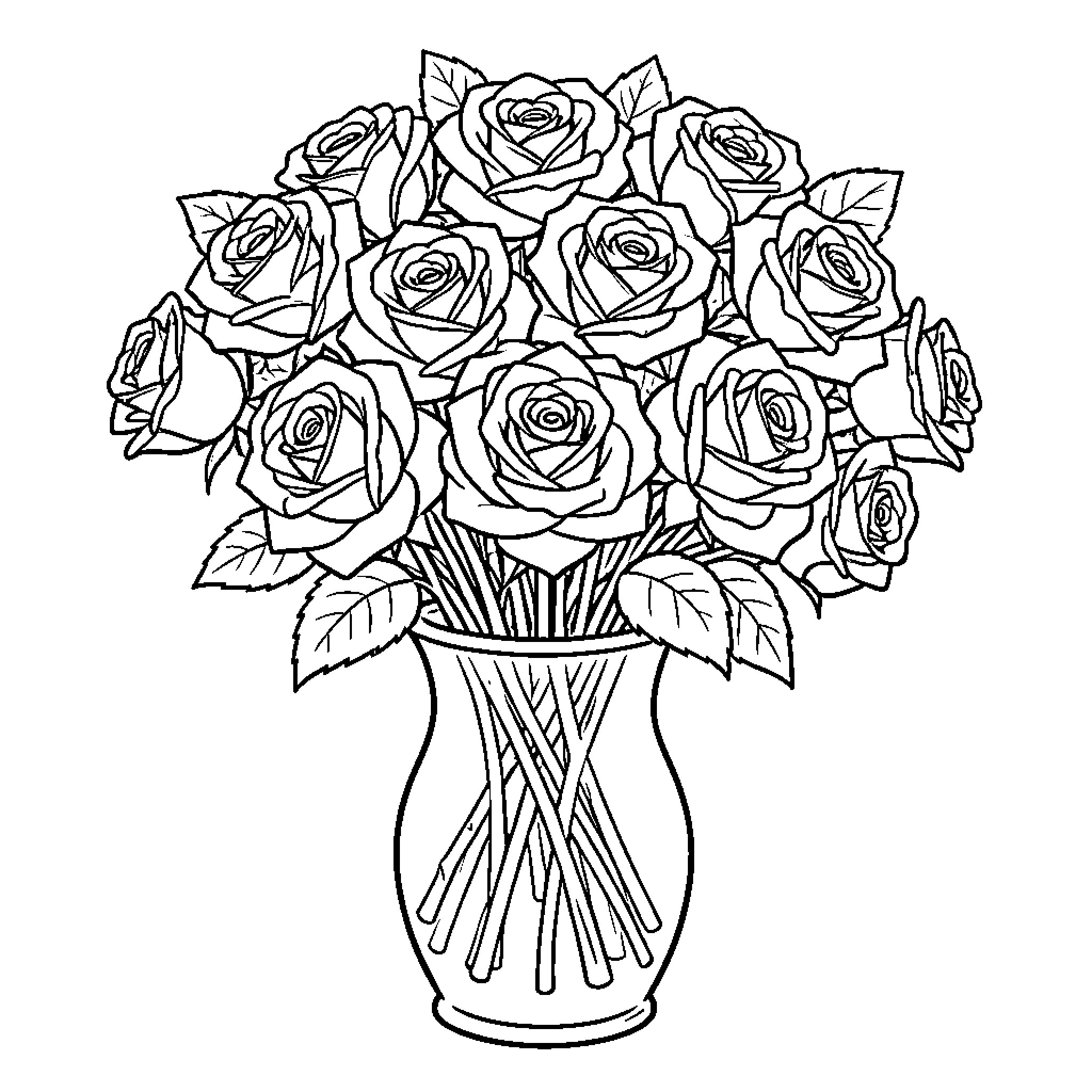 Rose bouquet arranged beautifully in a glass vase Coloring Page (free black-and-white line drawing printable PDF for all, from beginners to advanced learners, including children, teens, adults, and seniors)